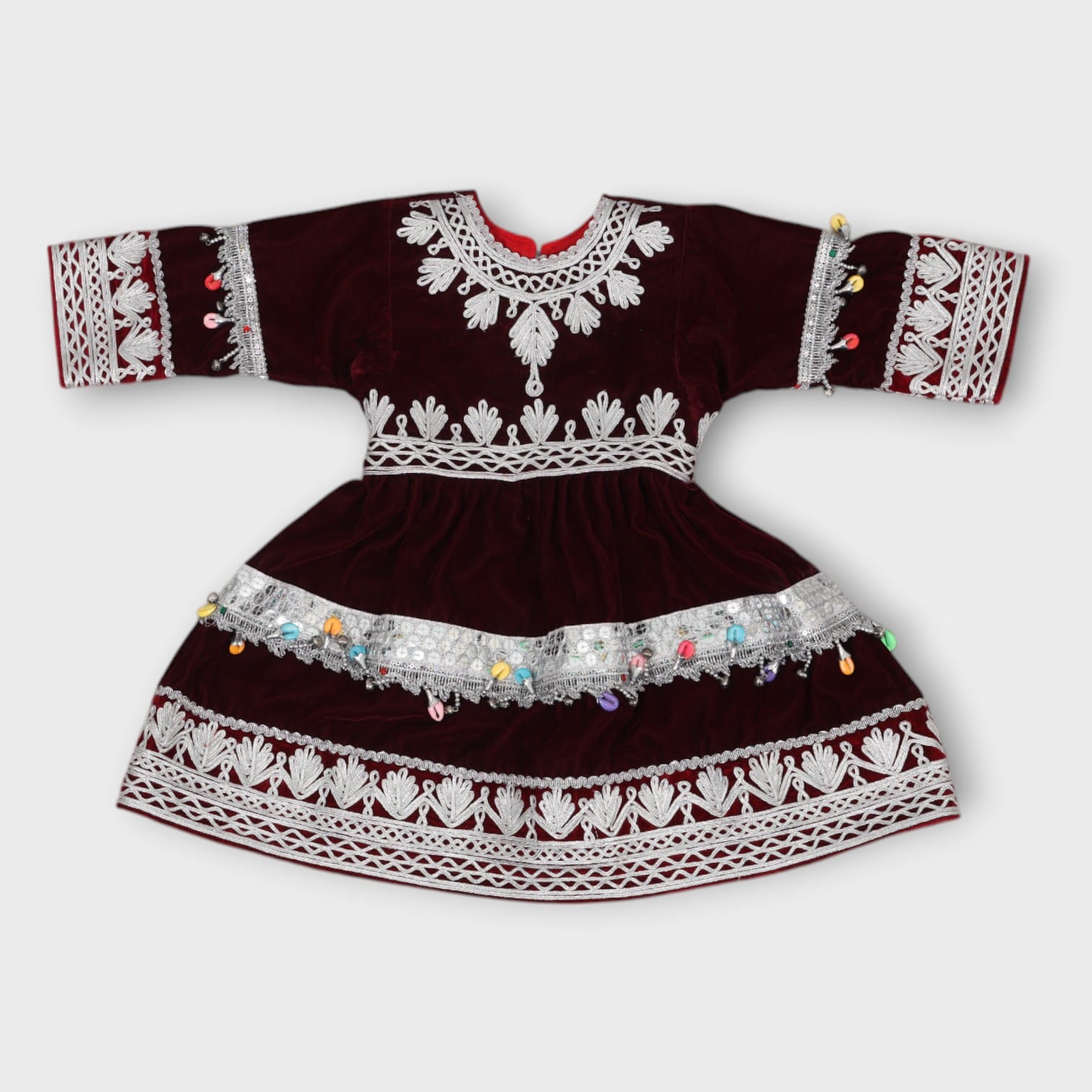 Burgundy Afghani Baby Dress with Silver Embroidery