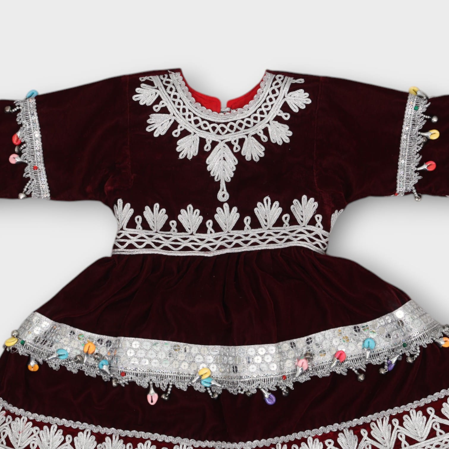 Burgundy Afghani Baby Dress with Silver Embroidery