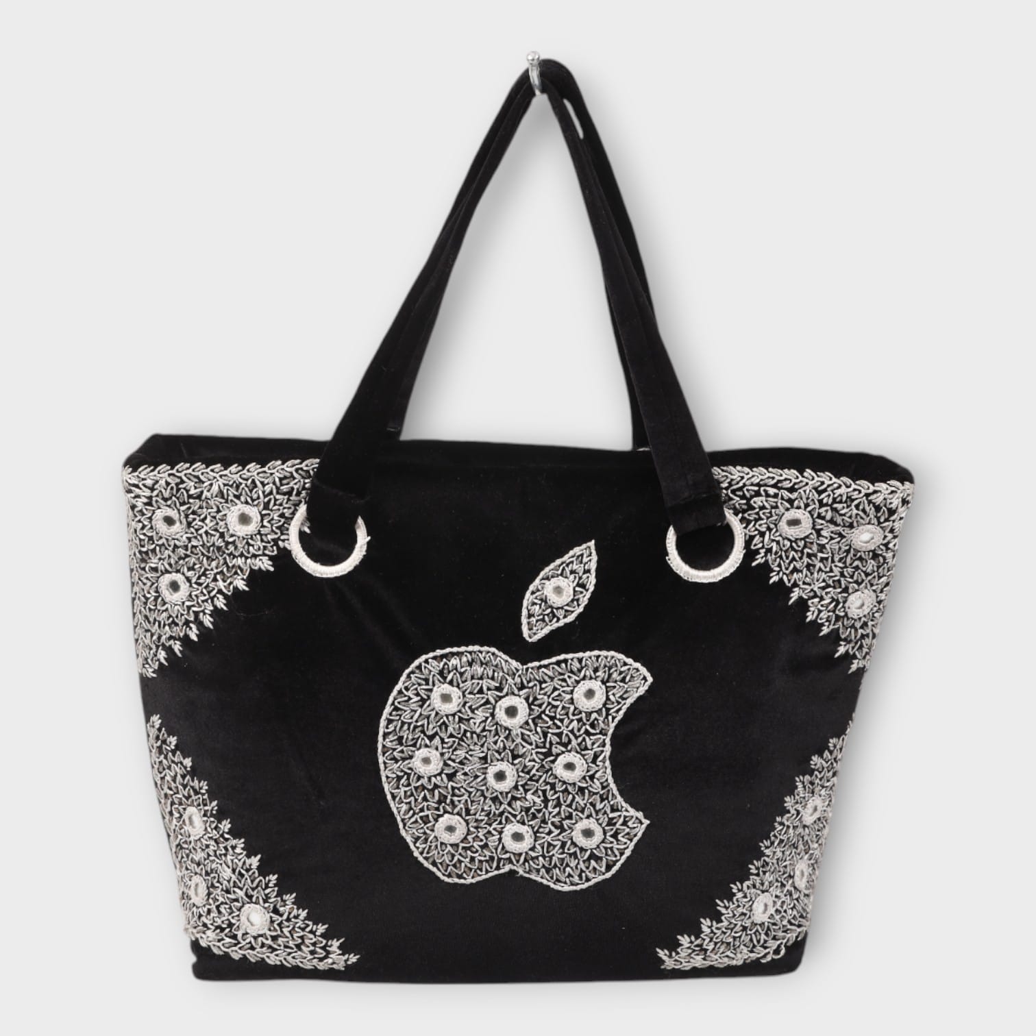 Black Velvet Handbag Set with White Embroidery (3-Piece Set)