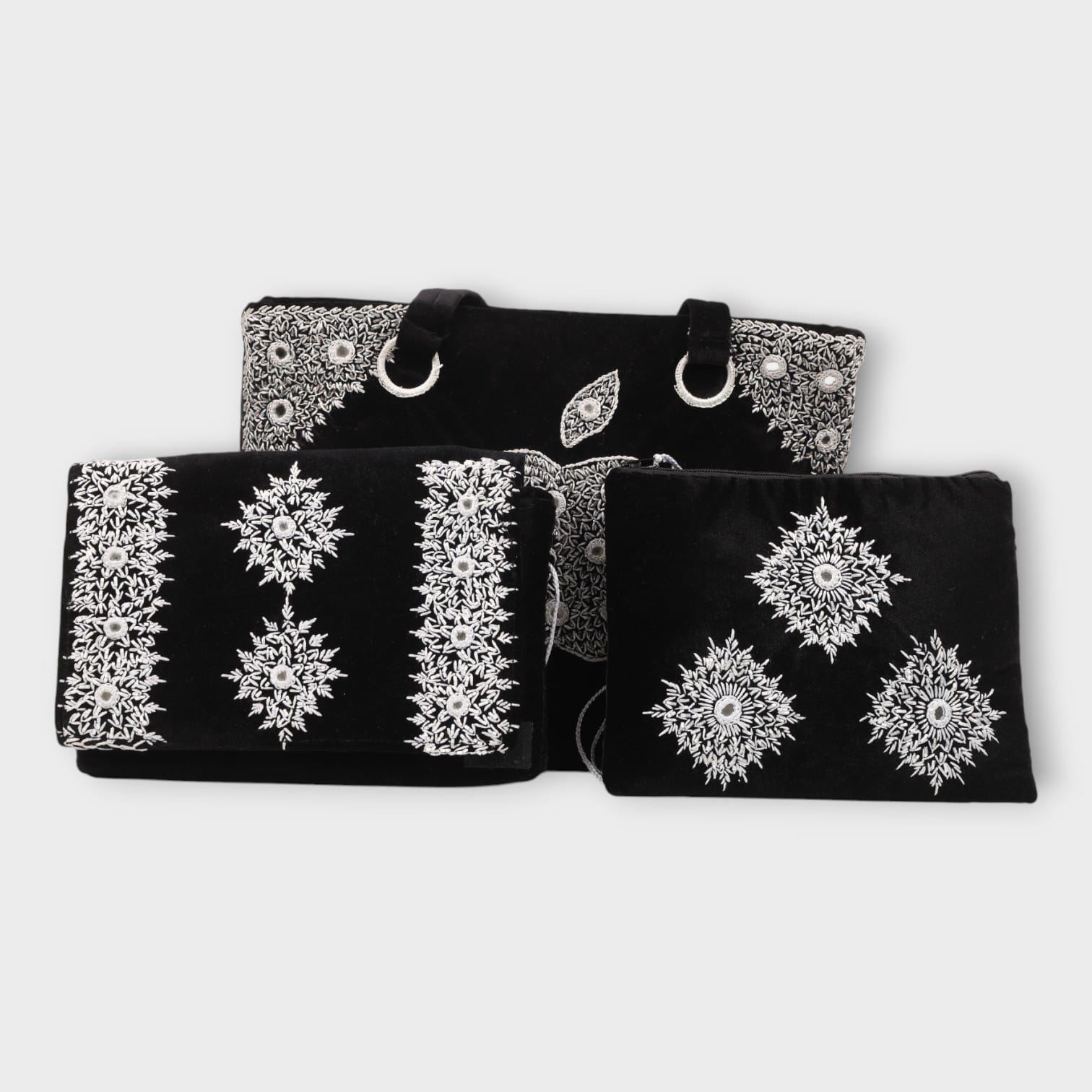 Black Velvet Handbag Set with White Embroidery (3-Piece Set)
