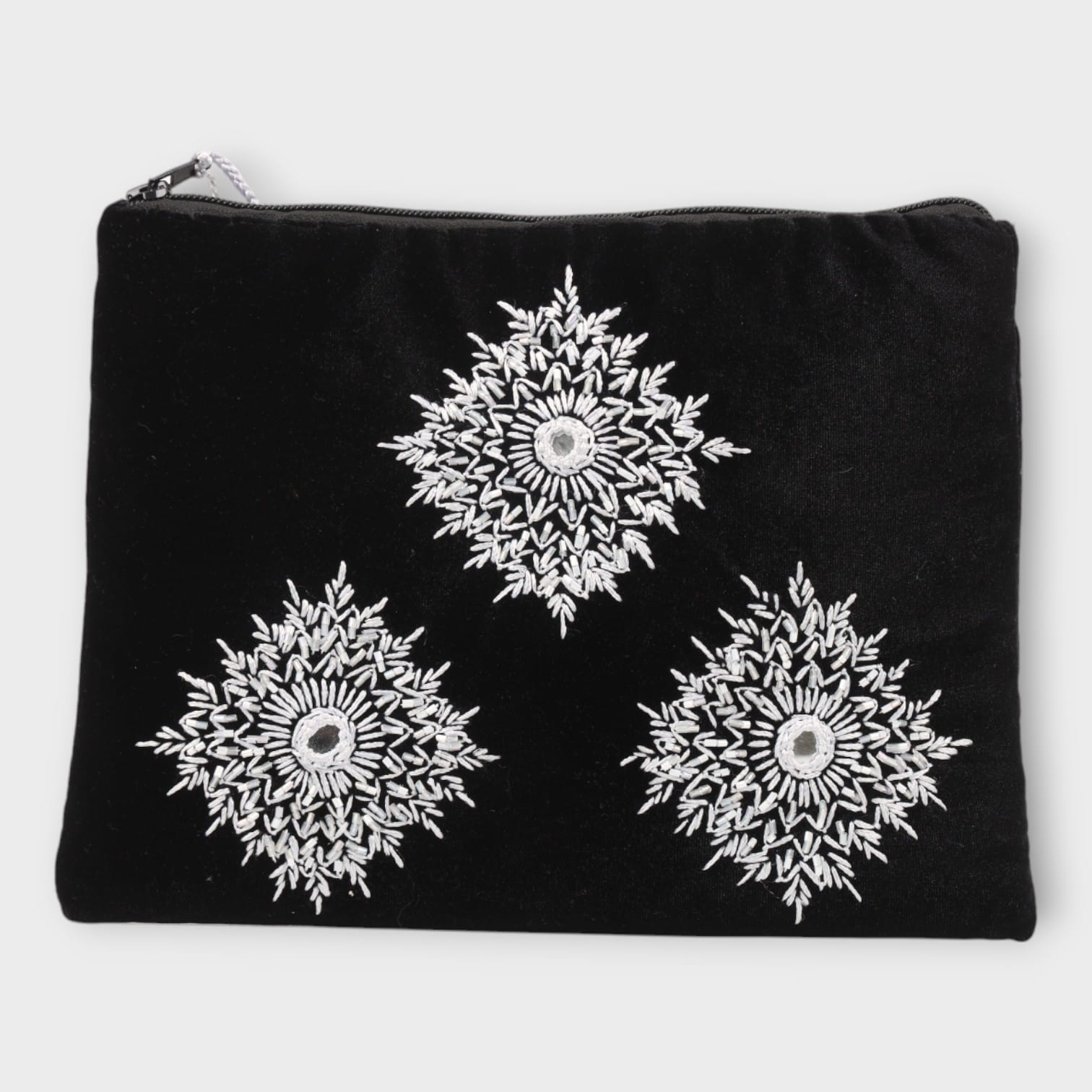 Black Velvet Handbag Set with White Embroidery (3-Piece Set)