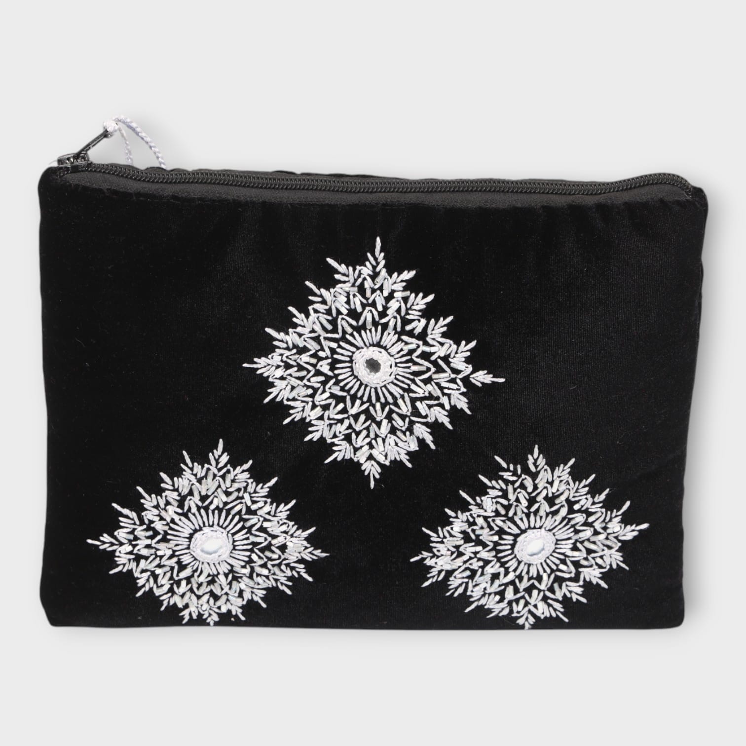 Black Velvet Handbag Set with White Embroidery (3-Piece Set)