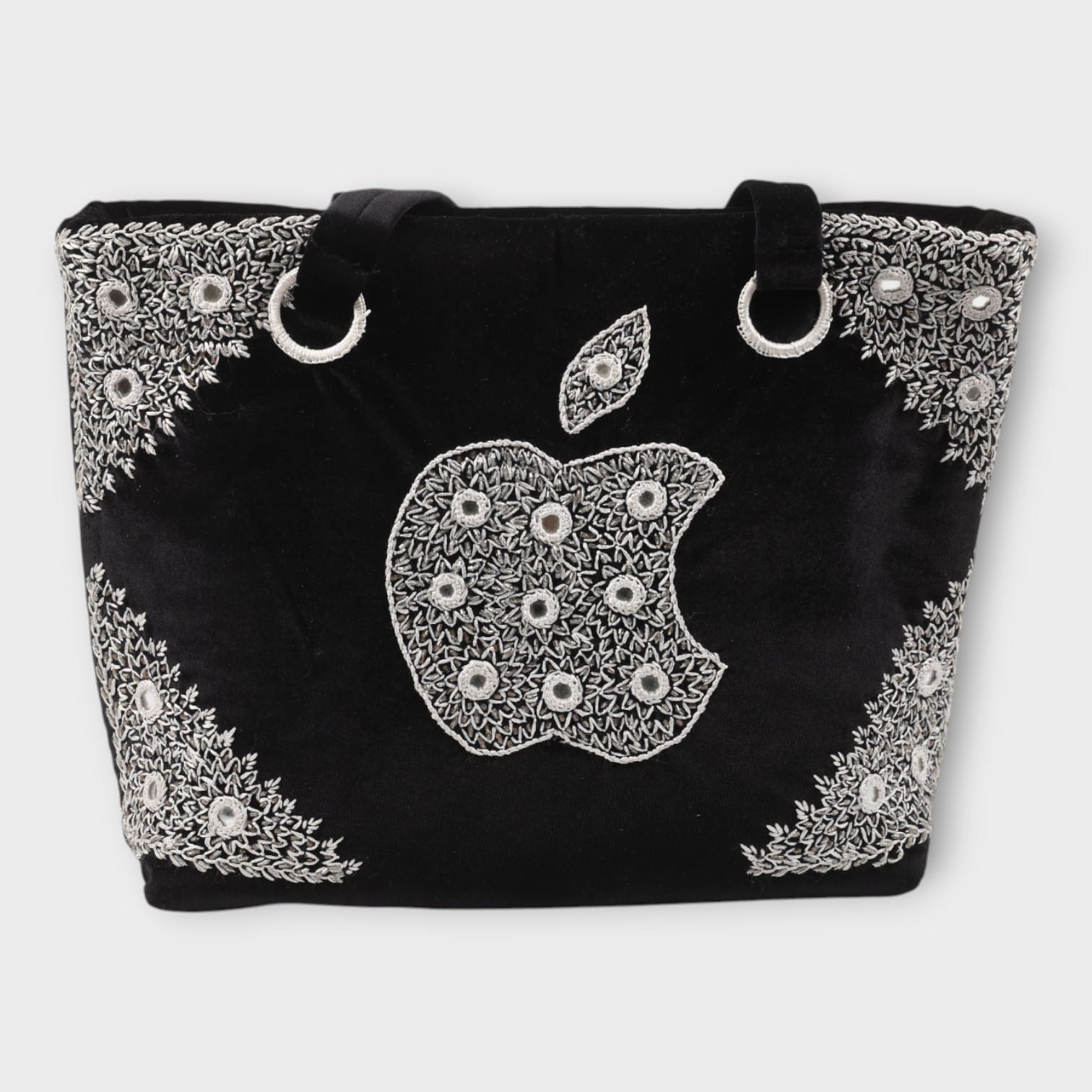 Black Velvet Handbag Set with White Embroidery (3-Piece Set)