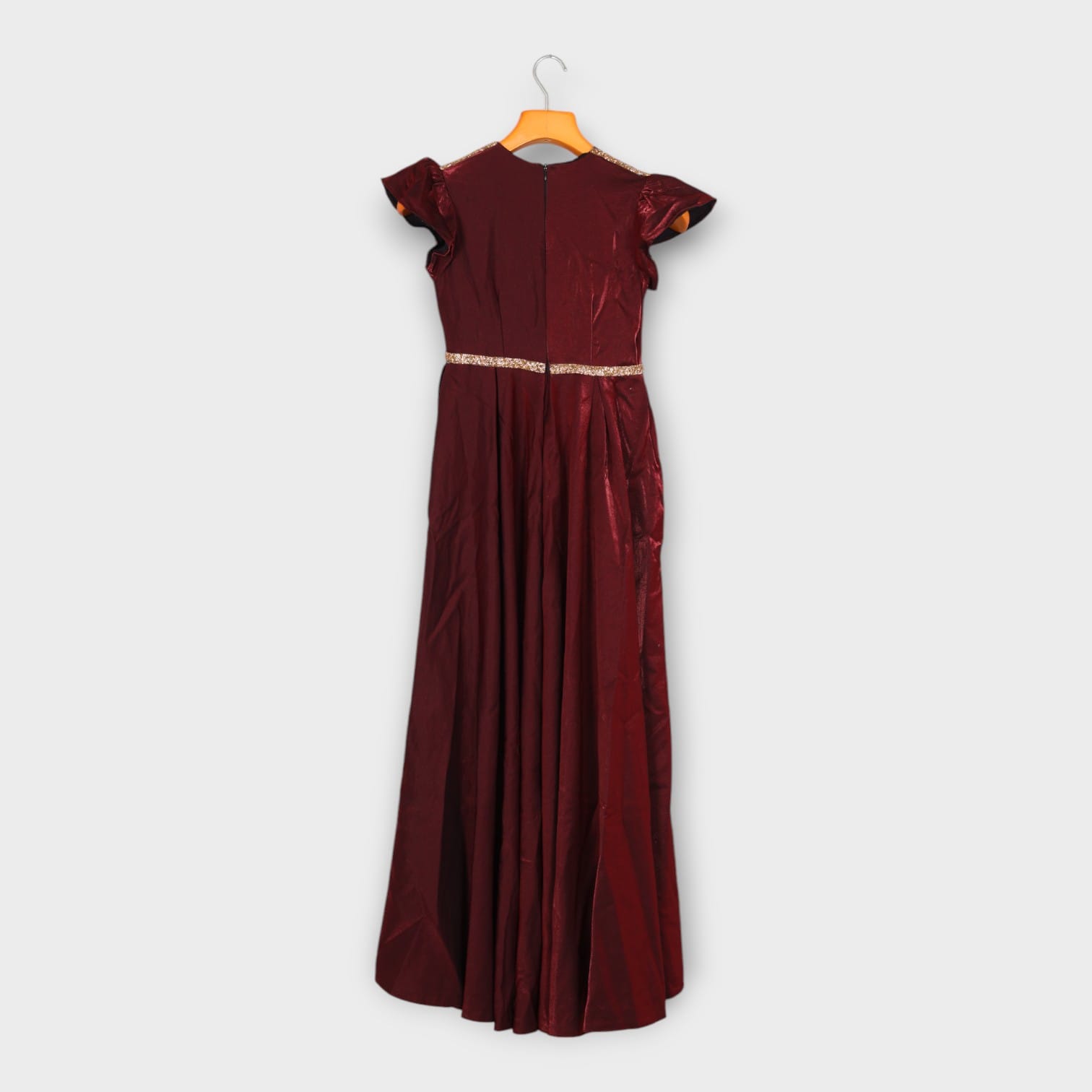 Maroon Satin Evening Gown with Ruffle Sleeves