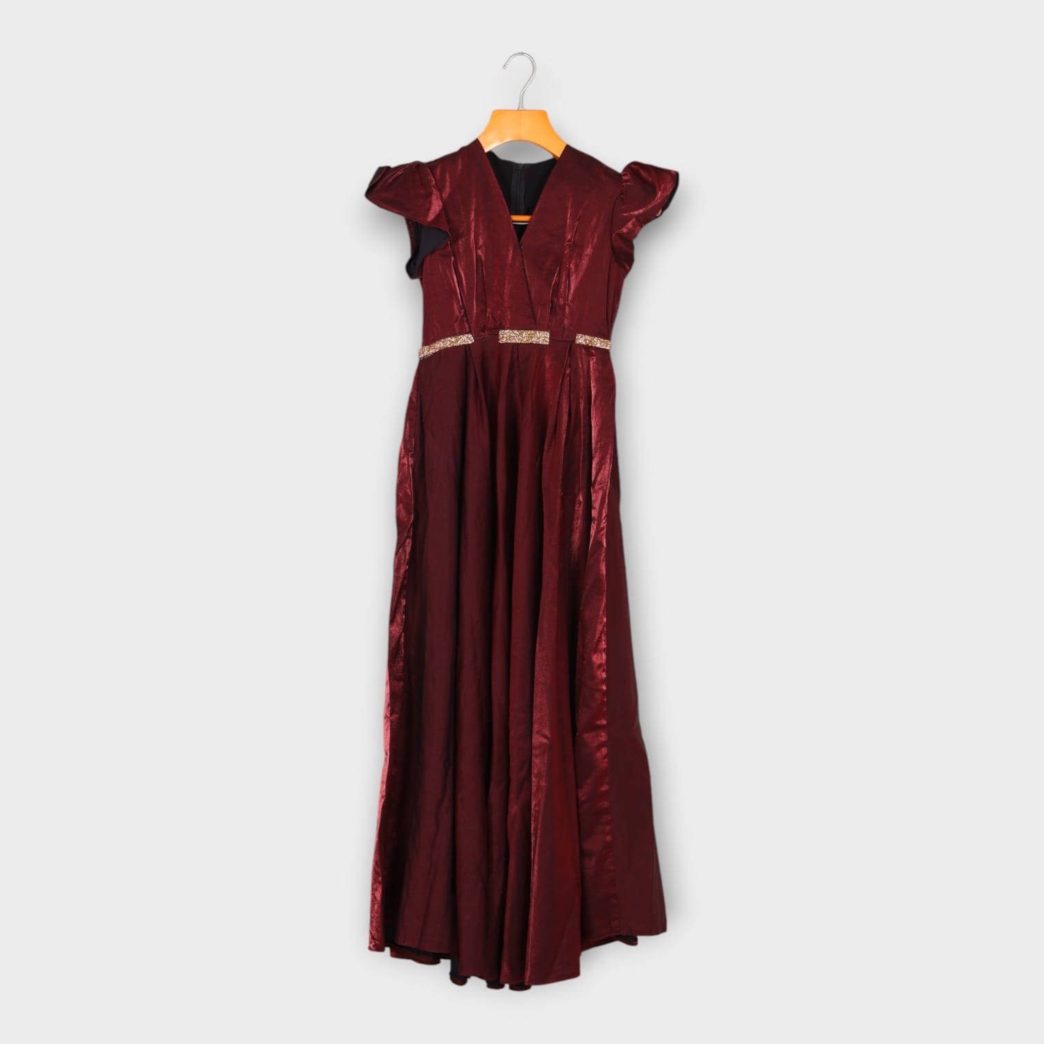 Maroon Satin Evening Gown with Ruffle Sleeves