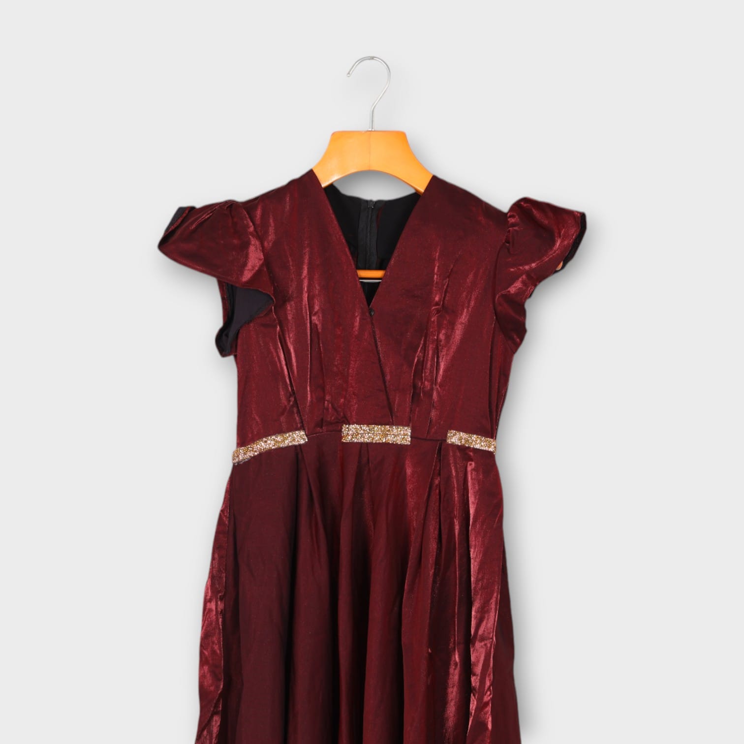 Maroon Satin Evening Gown with Ruffle Sleeves