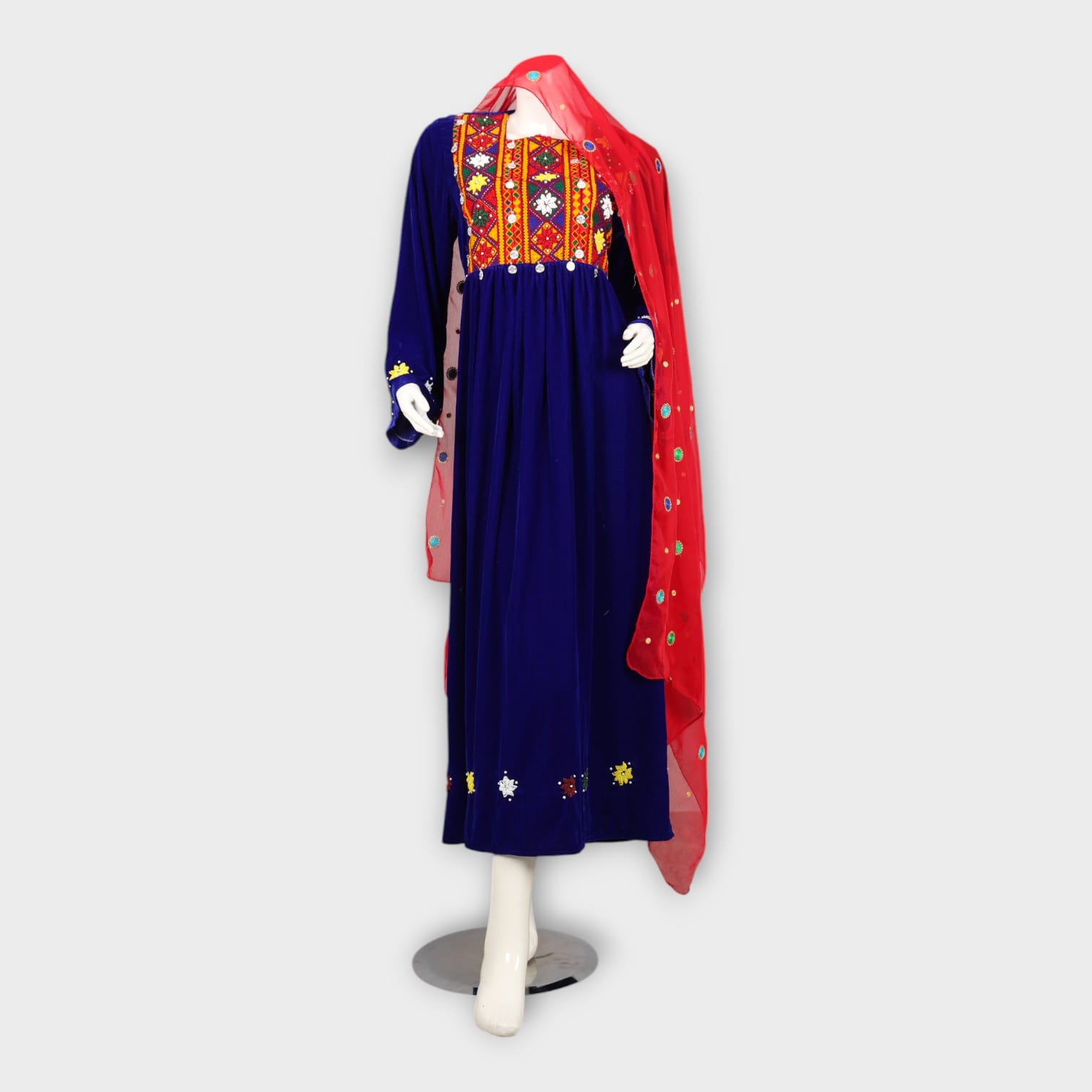 Royal Blue Traditional Afghani Dress with Red Embroidered Scarf