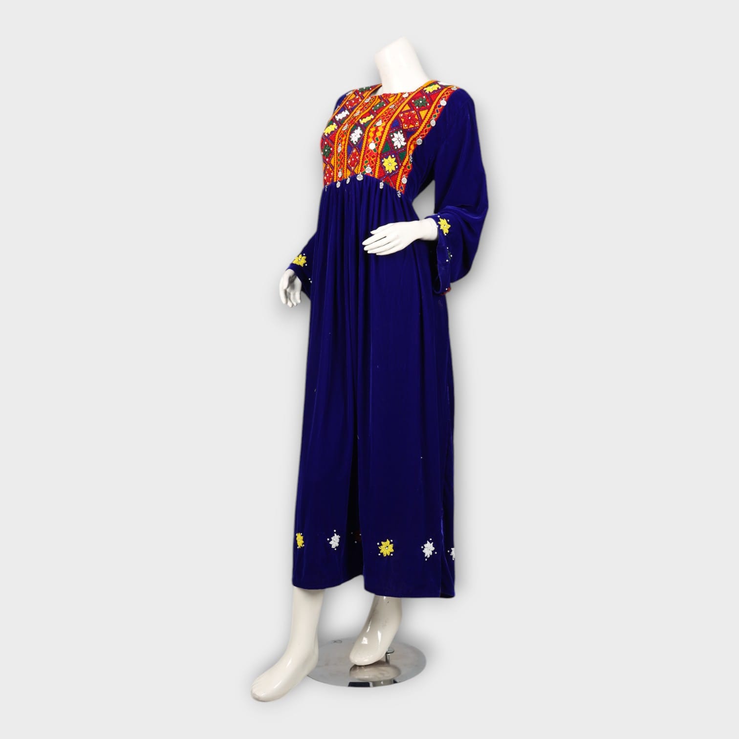 Royal Blue Traditional Afghani Dress with Red Embroidered Scarf