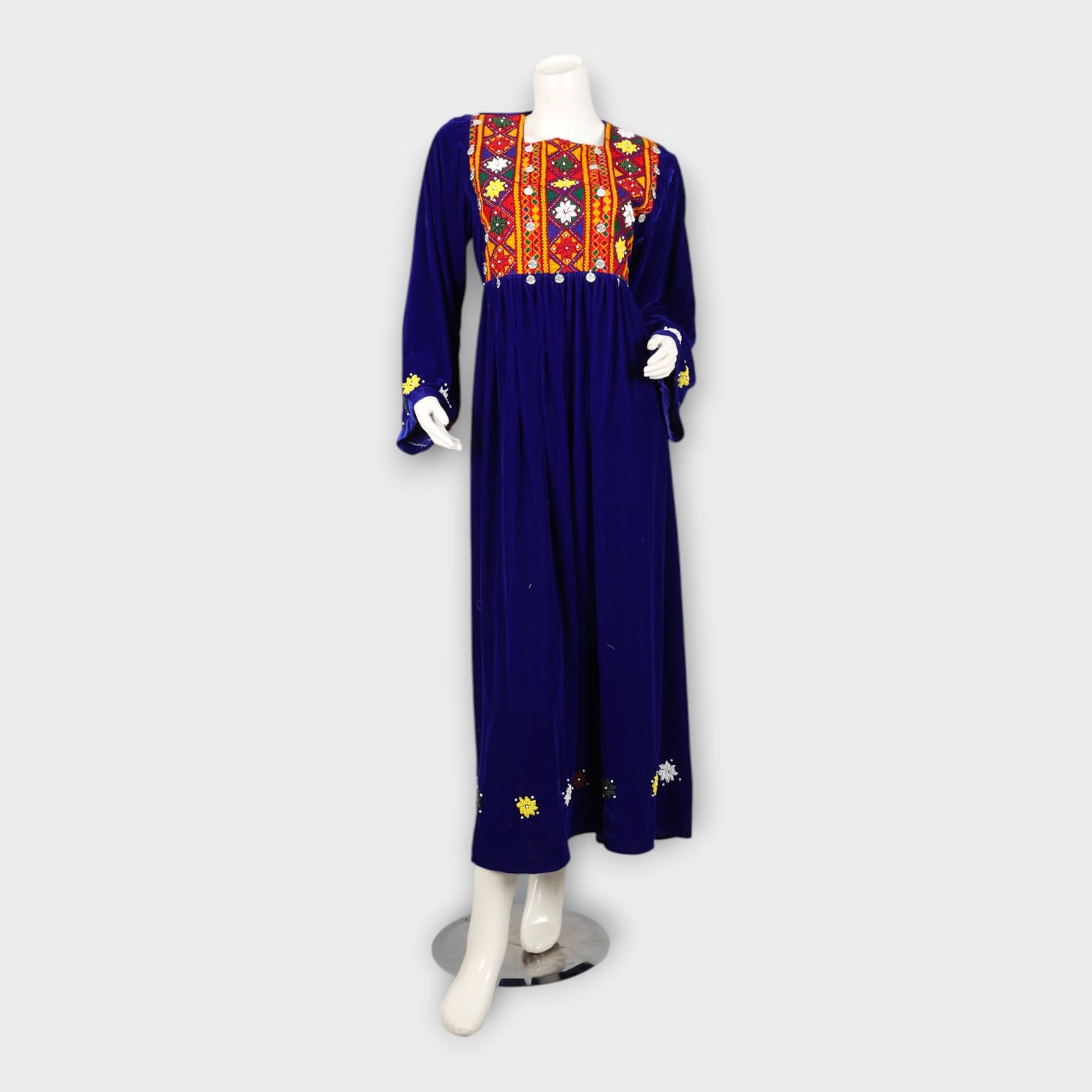 Royal Blue Traditional Afghani Dress with Red Embroidered Scarf