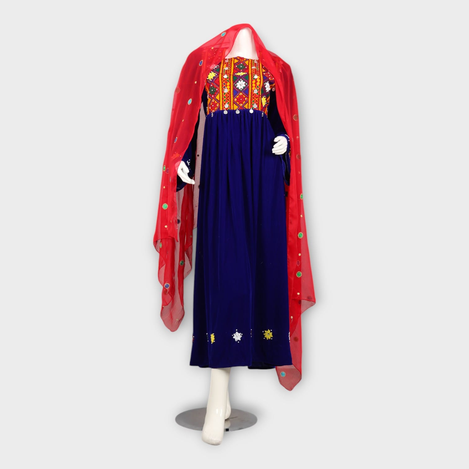 Royal Blue Traditional Afghani Dress with Red Embroidered Scarf