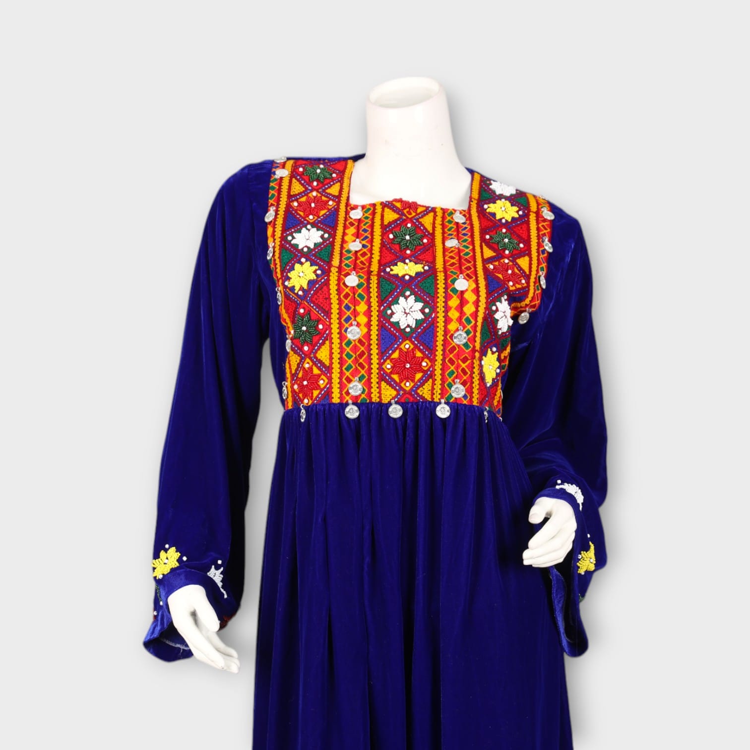 Royal Blue Traditional Afghani Dress with Red Embroidered Scarf