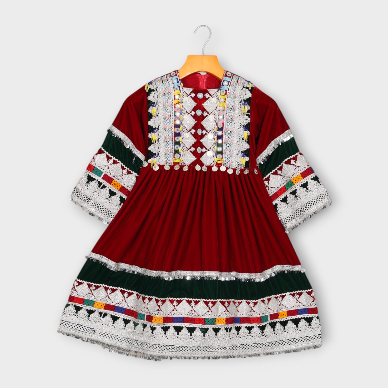 Maroon Traditional Afghani Baby Dress with Embroidery and Mirror Work |  Aseel