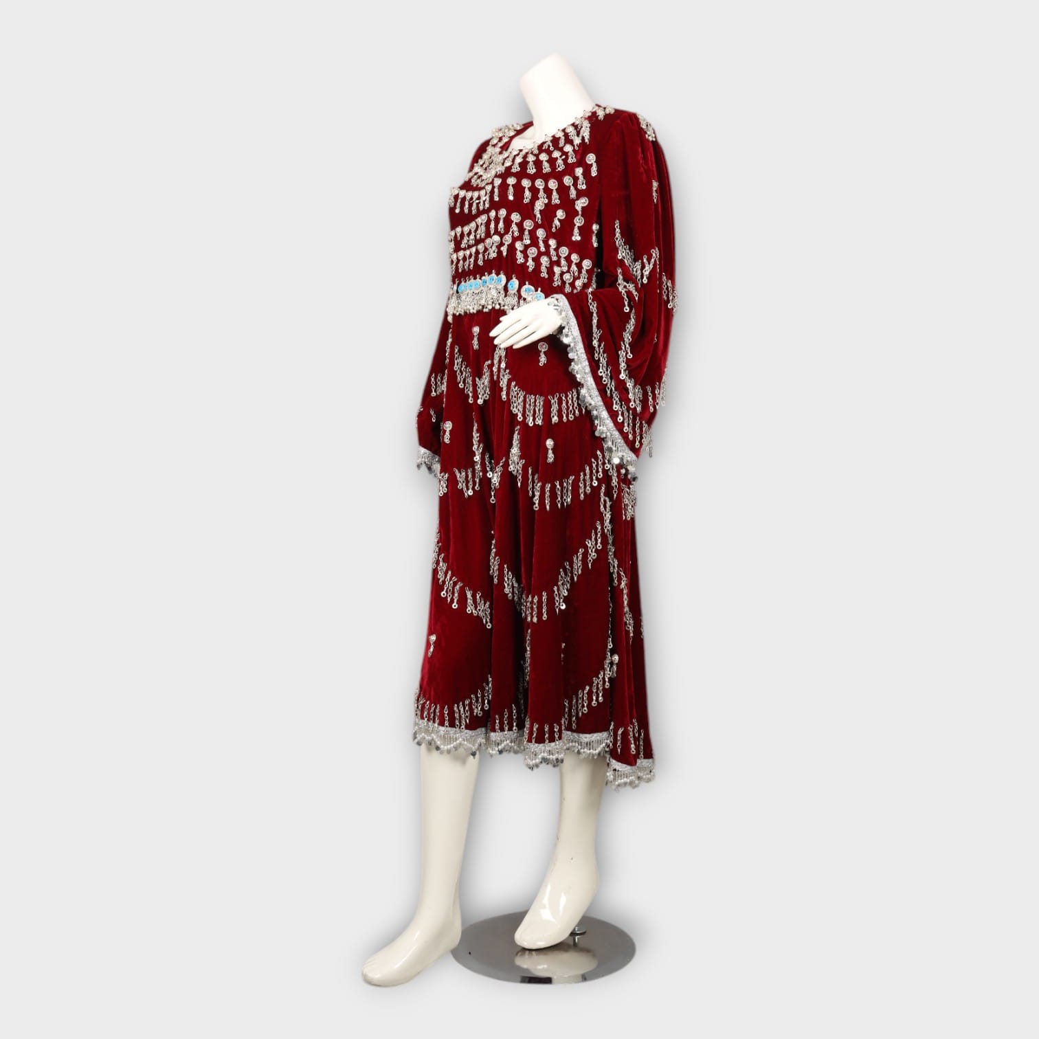 Embroidered Velvet Afghani Dress – Maroon Elegance