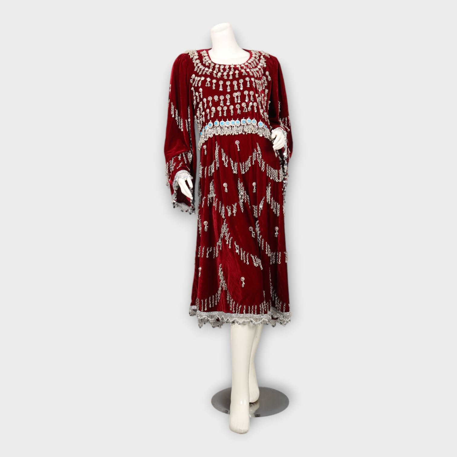 Embroidered Velvet Afghani Dress – Maroon Elegance