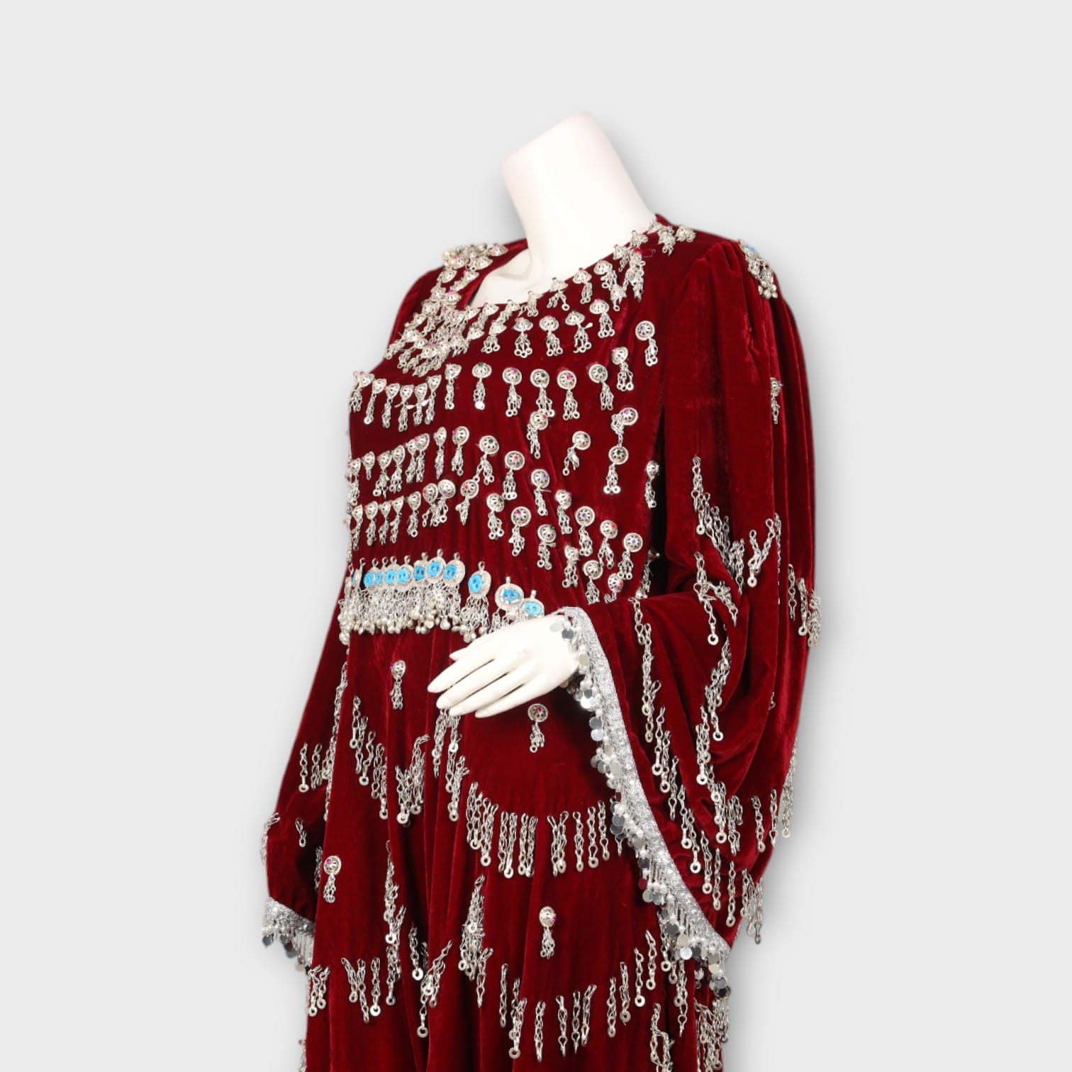 Embroidered Velvet Afghani Dress – Maroon Elegance