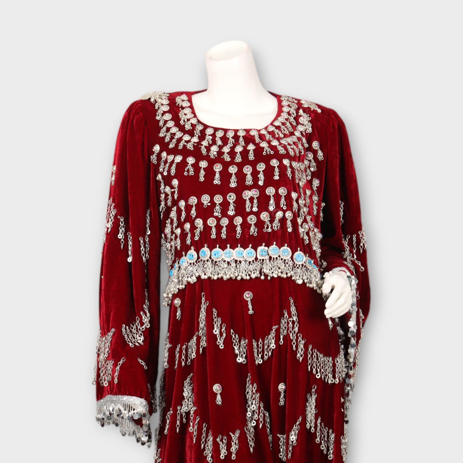 Embroidered Velvet Afghani Dress – Maroon Elegance
