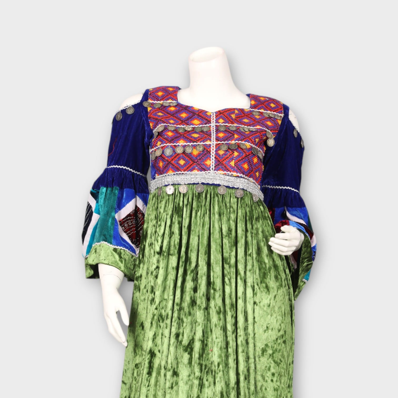Multicolor Patchwork Traditional Afghani Dress – Velvet Green