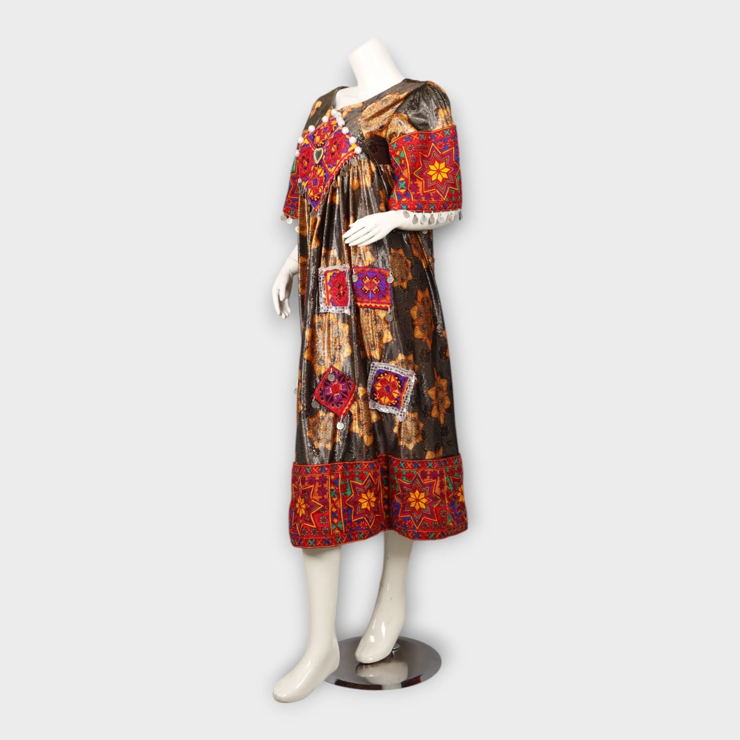 Traditional Afghani Mirror Work Dress – Metallic Bronze & Red