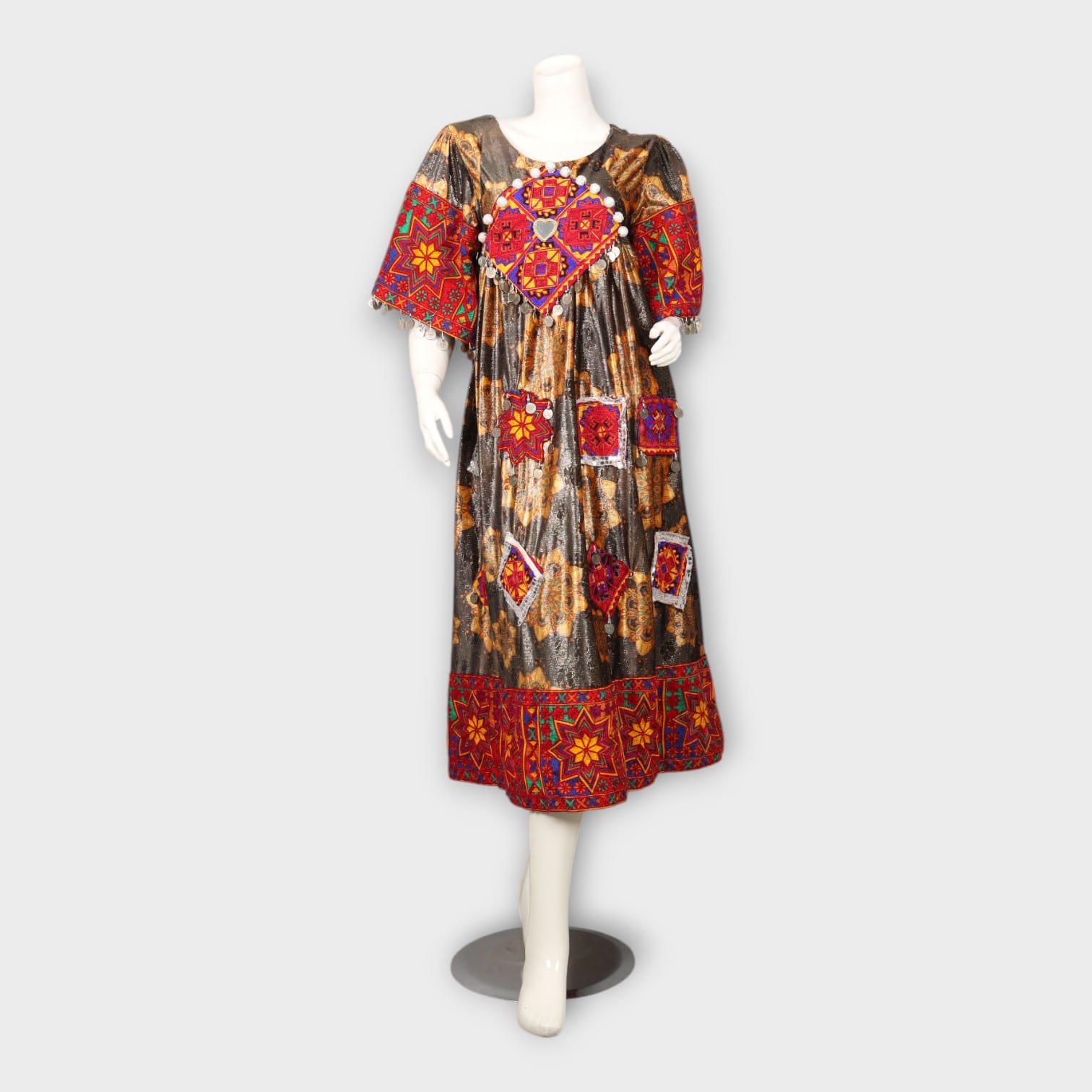 Traditional Afghani Mirror Work Dress – Metallic Bronze & Red