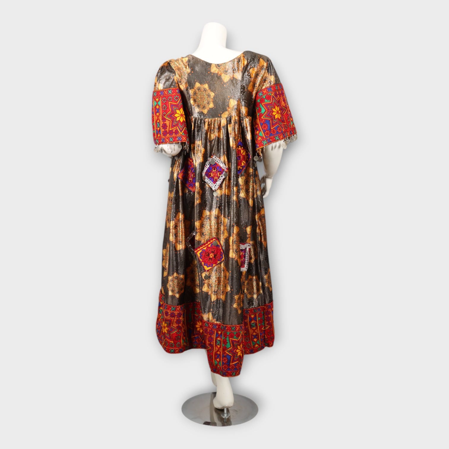 Traditional Afghani Mirror Work Dress – Metallic Bronze & Red