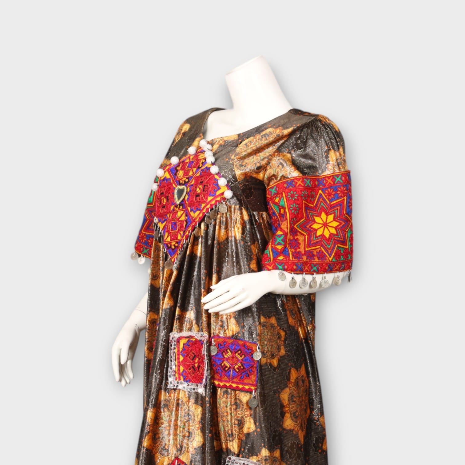 Traditional Afghani Mirror Work Dress – Metallic Bronze & Red