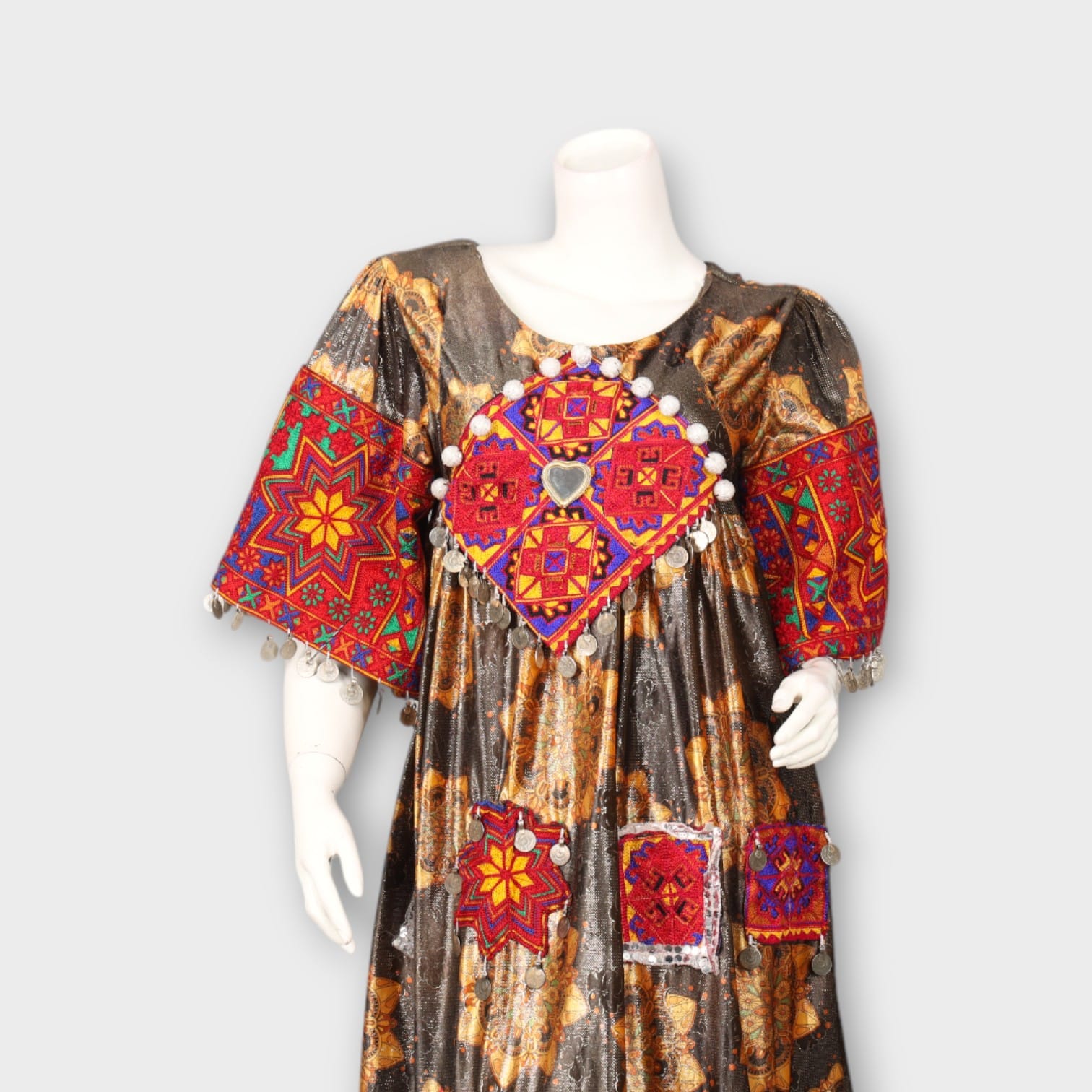 Traditional Afghani Mirror Work Dress – Metallic Bronze & Red