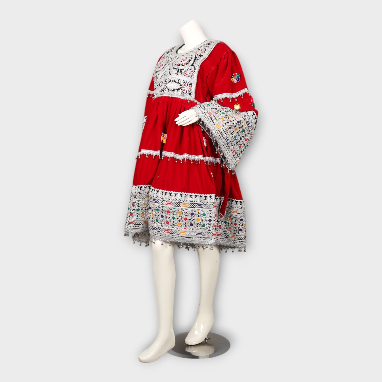 Red Velvet Afghani Dress with Colorful Embroidery & Mirror Work