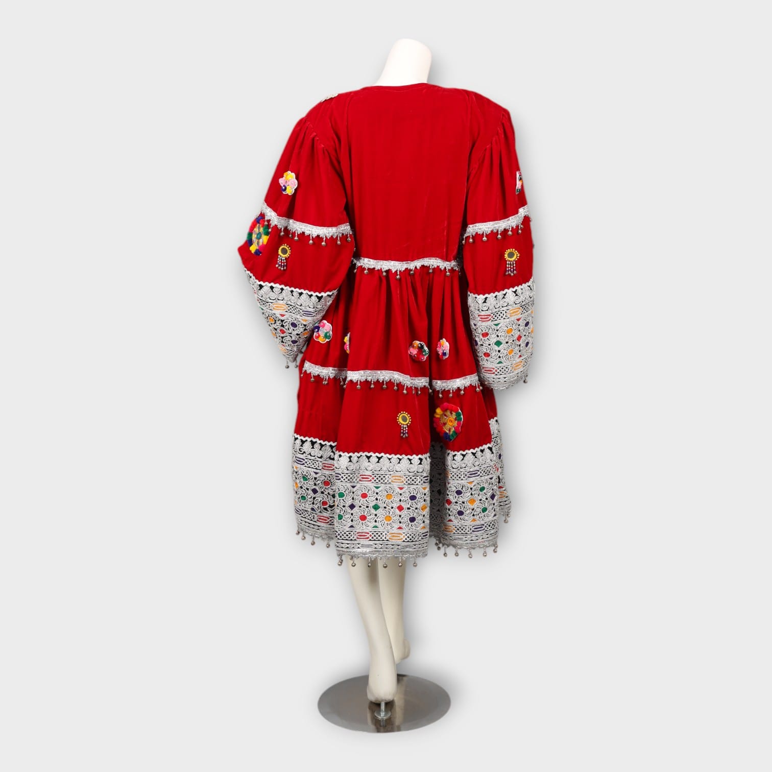 Red Velvet Afghani Dress with Colorful Embroidery & Mirror Work