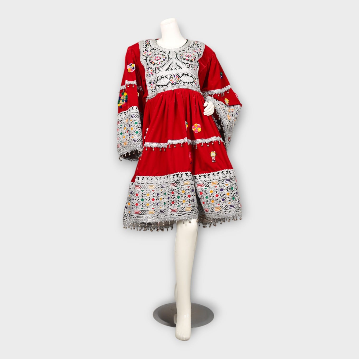 Red Velvet Afghani Dress with Colorful Embroidery & Mirror Work