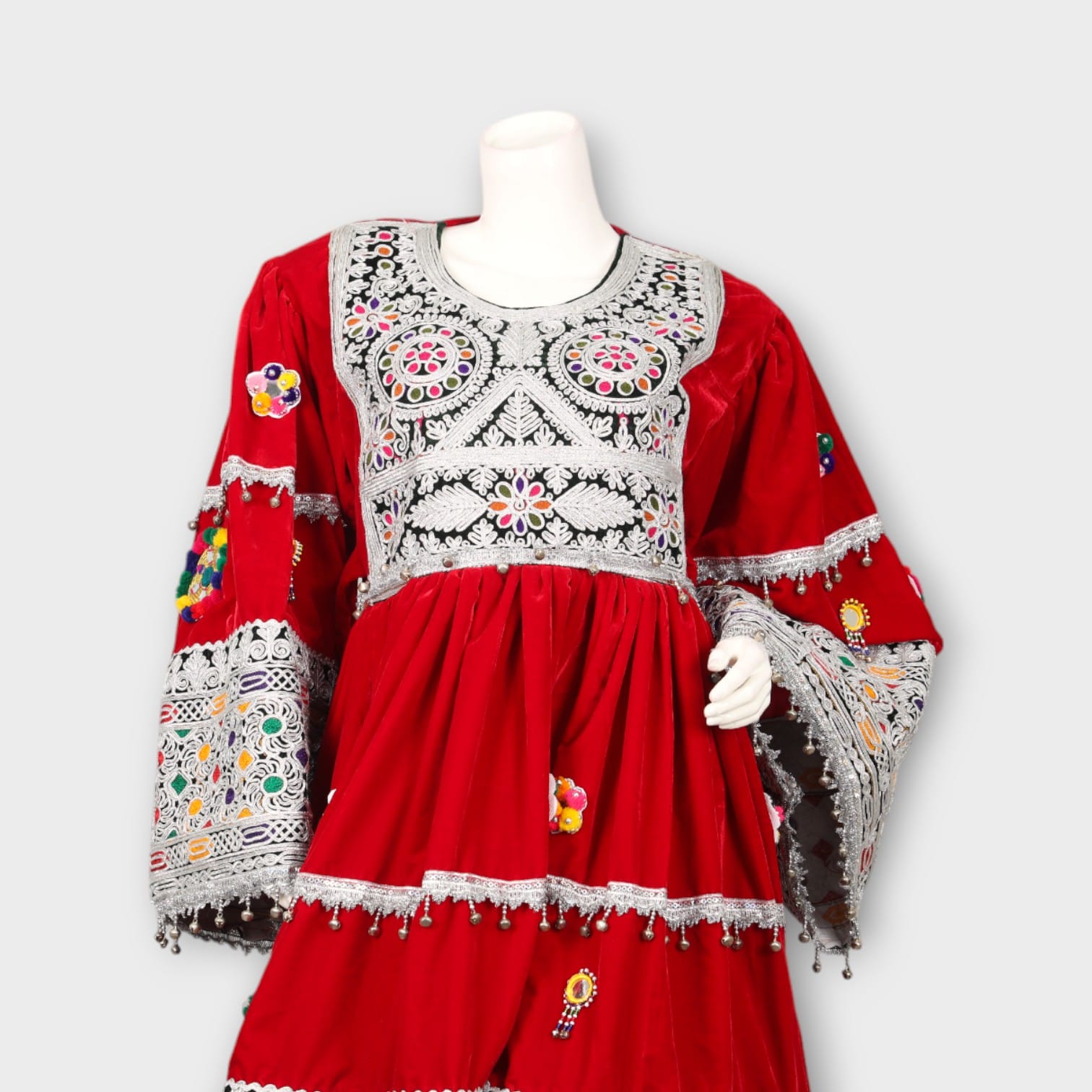 Red Velvet Afghani Dress with Colorful Embroidery & Mirror Work