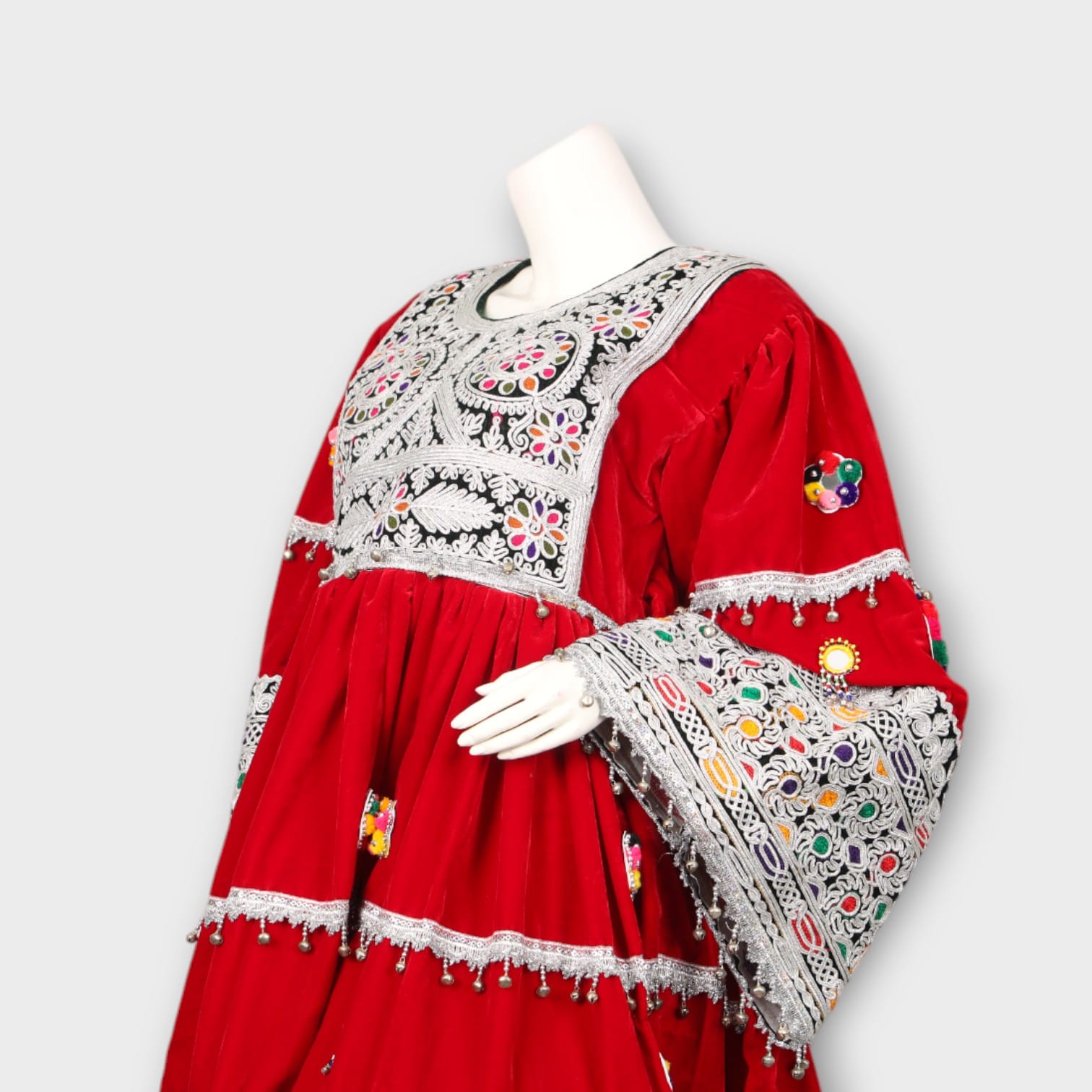 Red Velvet Afghani Dress with Colorful Embroidery & Mirror Work