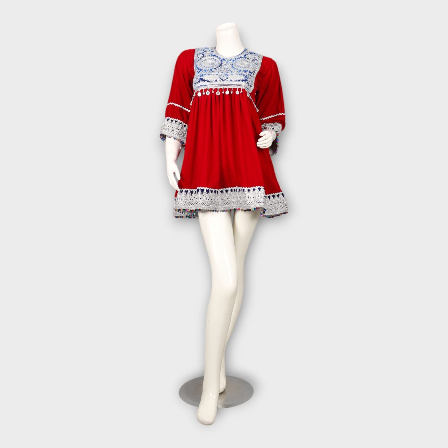 Short Red Afghani Tunic Dress with White Embroidery