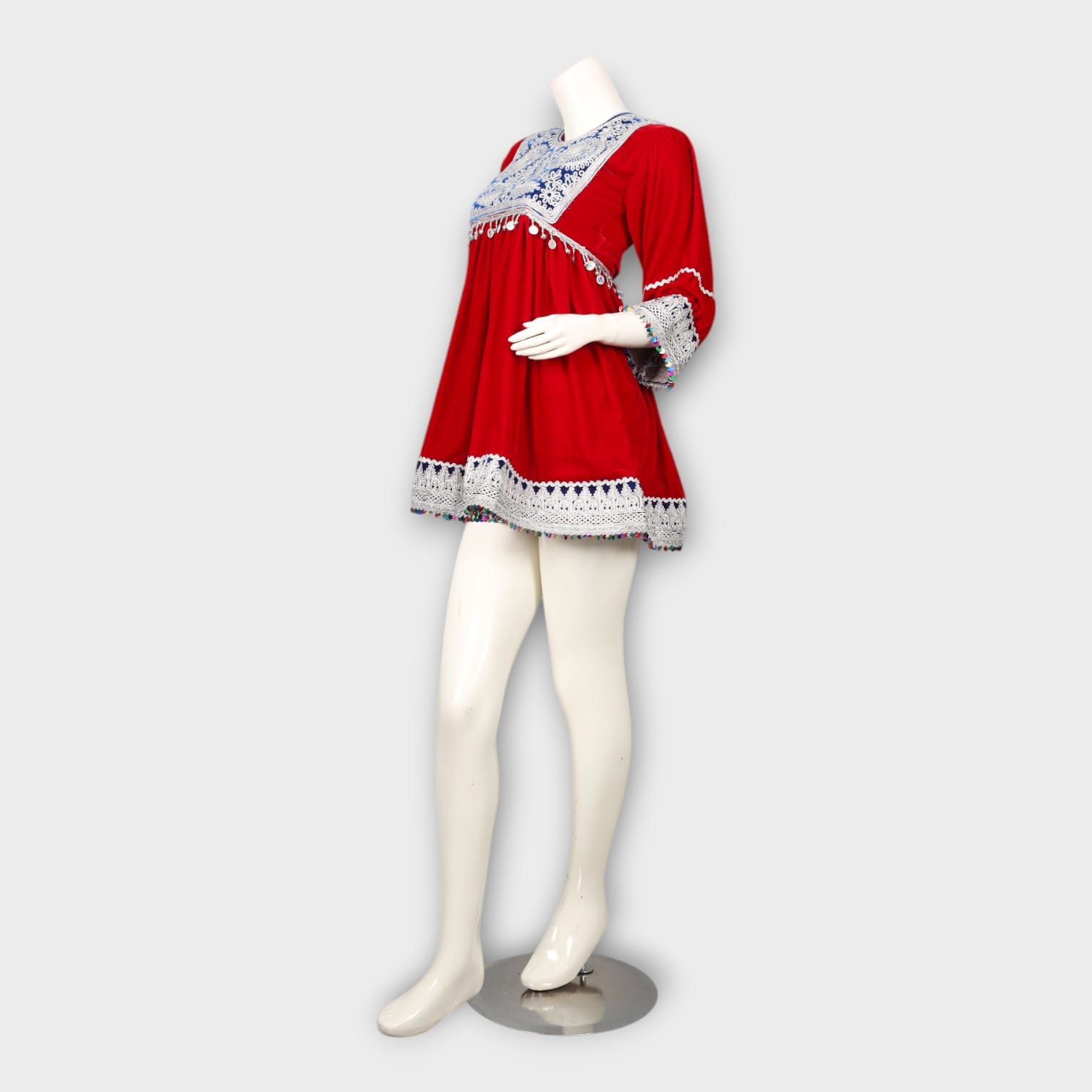 Short Red Afghani Tunic Dress with White Embroidery