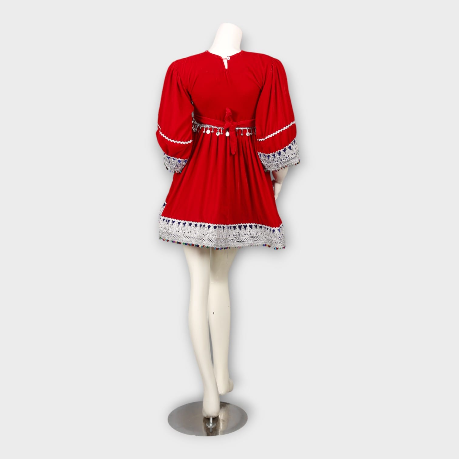 Short Red Afghani Tunic Dress with White Embroidery