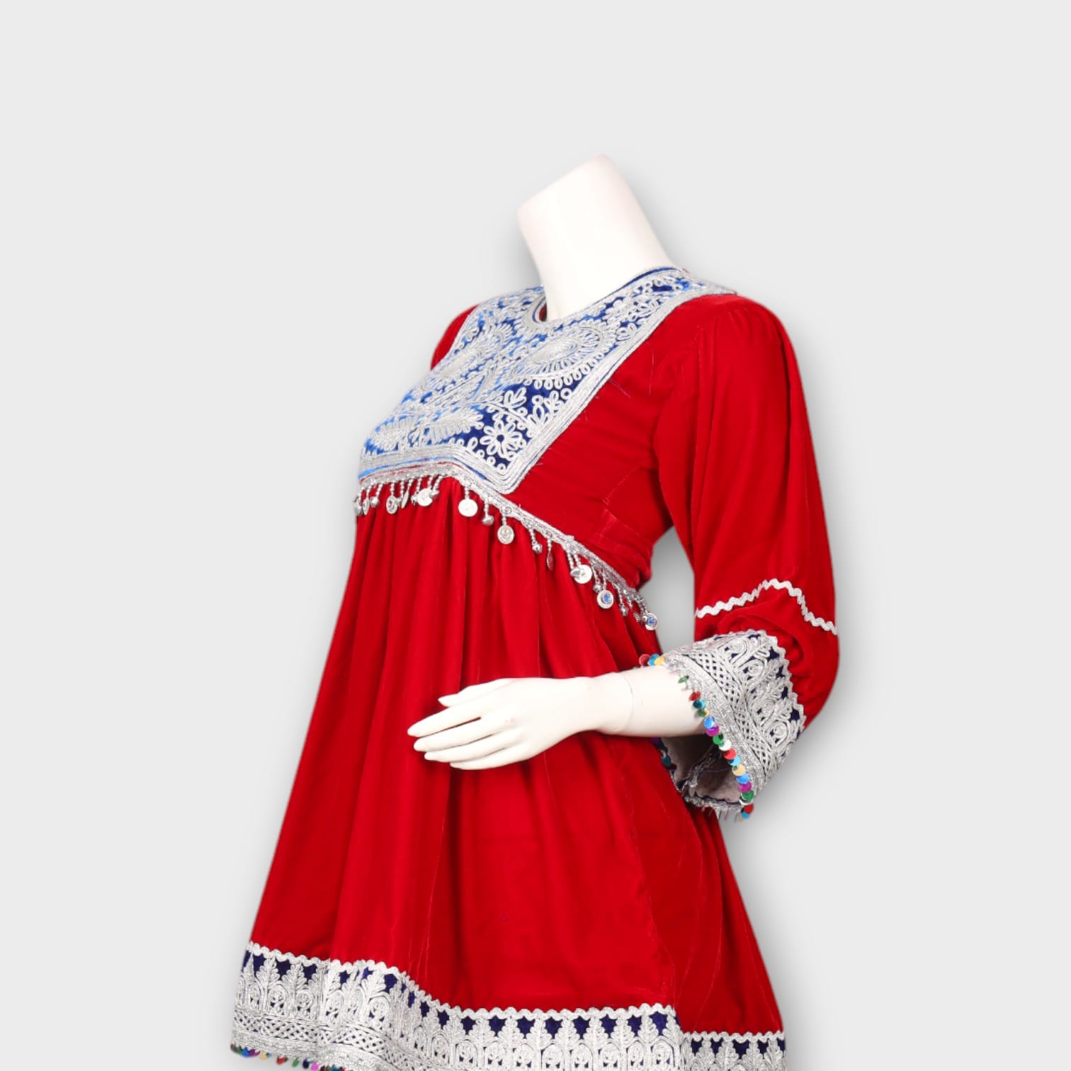 Short Red Afghani Tunic Dress with White Embroidery