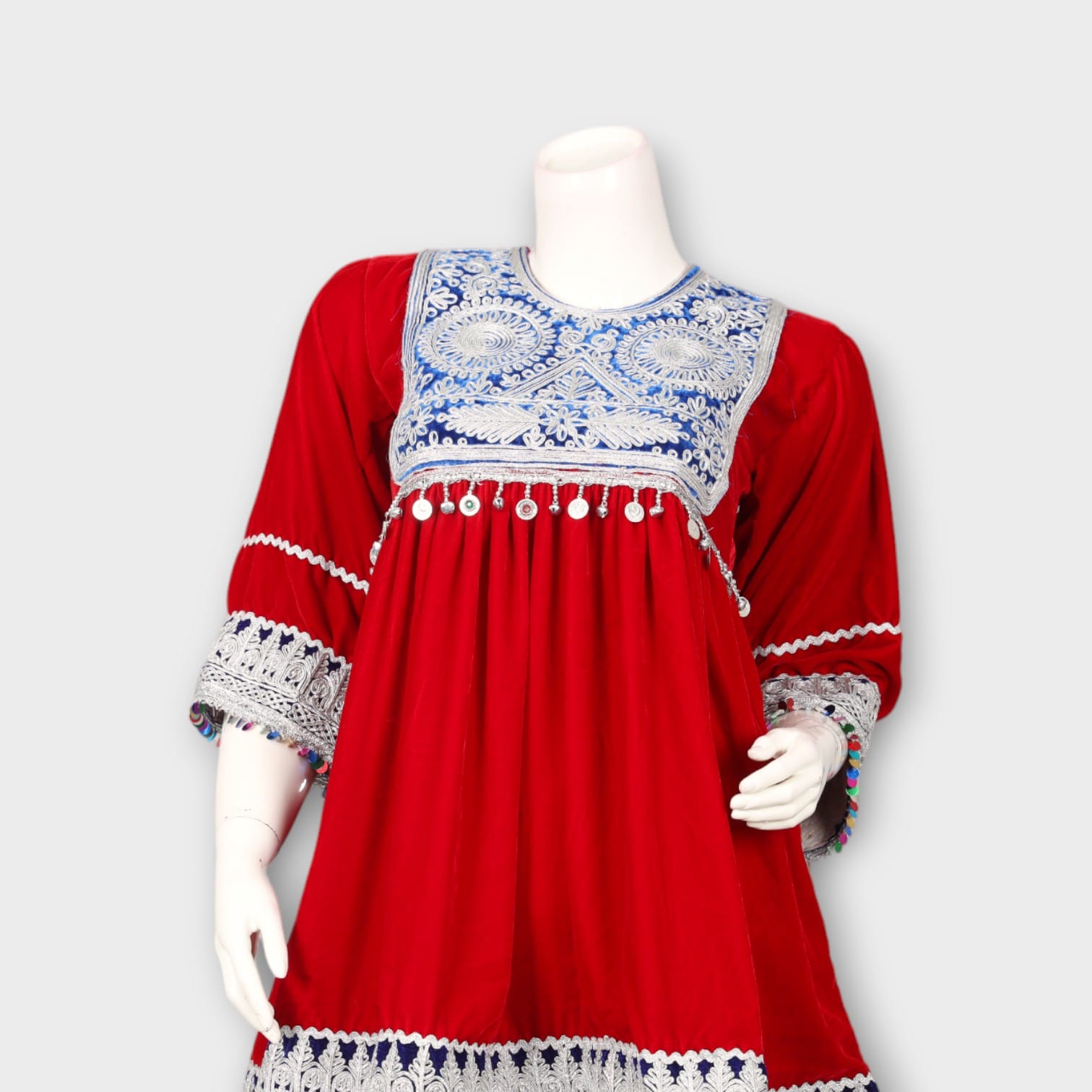 Short Red Afghani Tunic Dress with White Embroidery