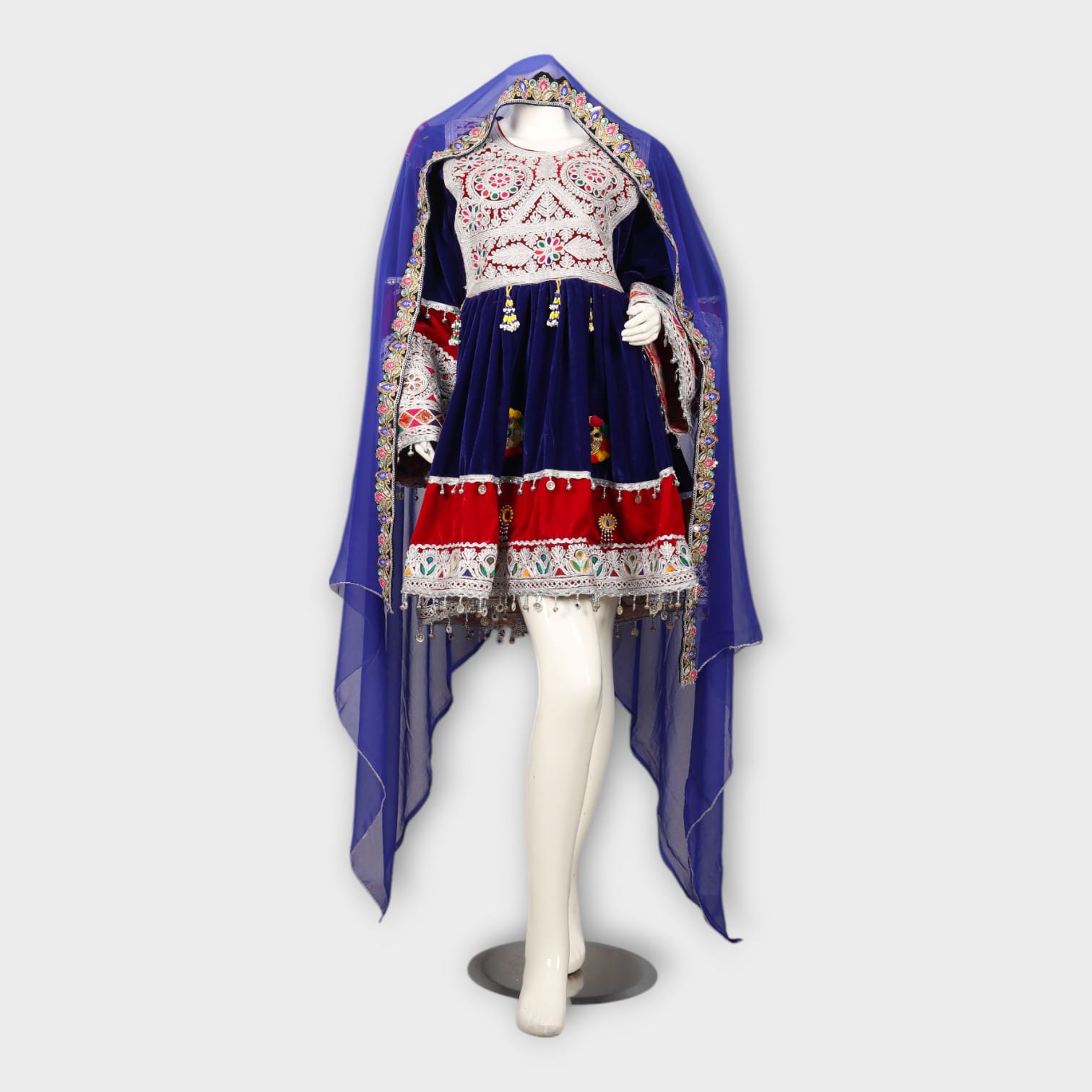 Navy & Red Velvet Afghani Dress with Duppatia