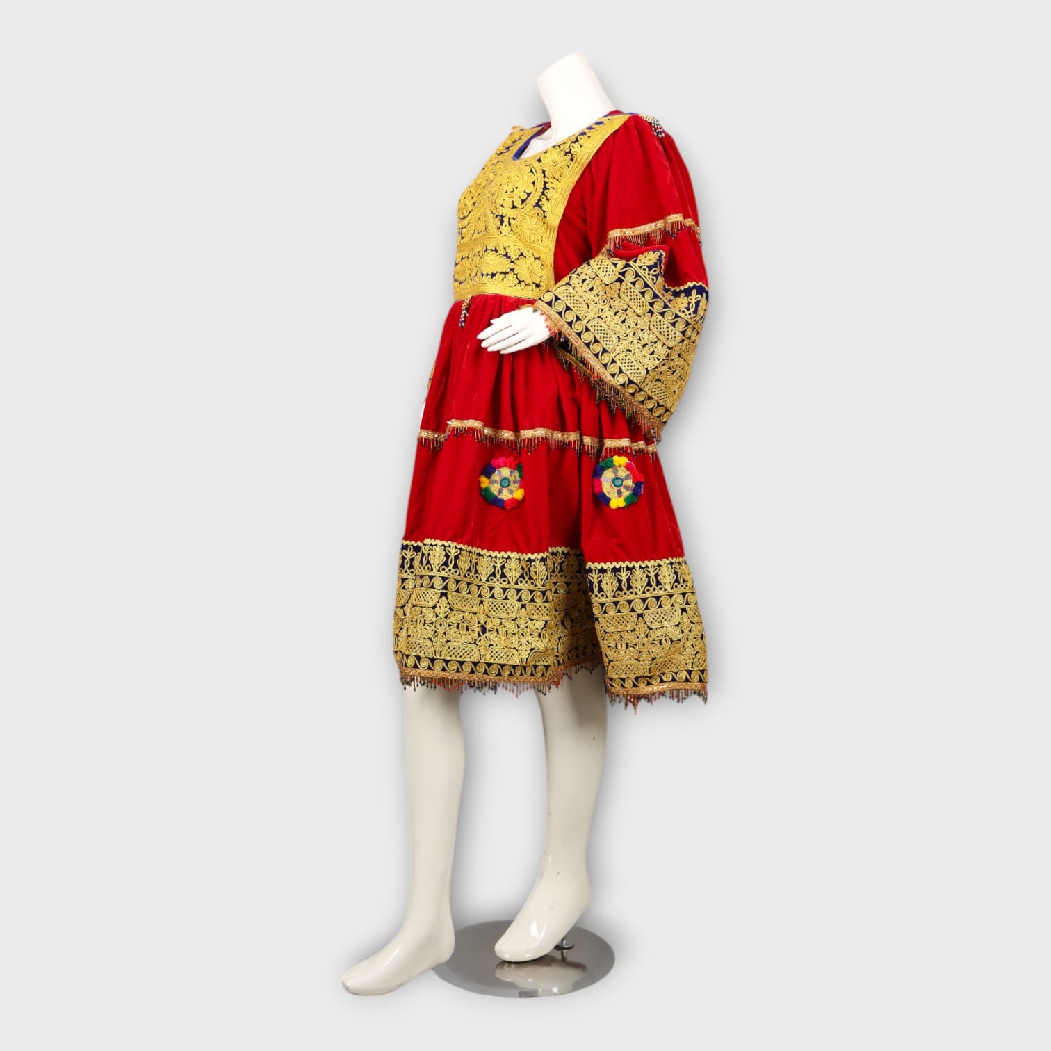 Red Afghani Dress with Golden Embroidery and Royal Blue Dupatta