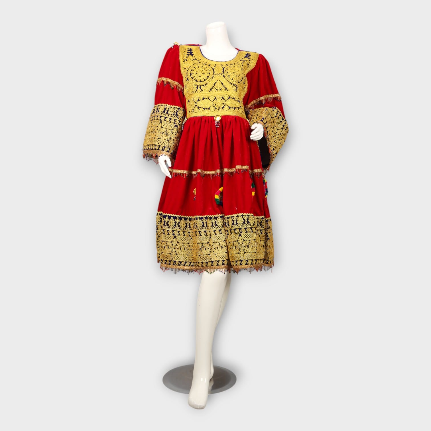 Red Afghani Dress with Golden Embroidery and Royal Blue Dupatta