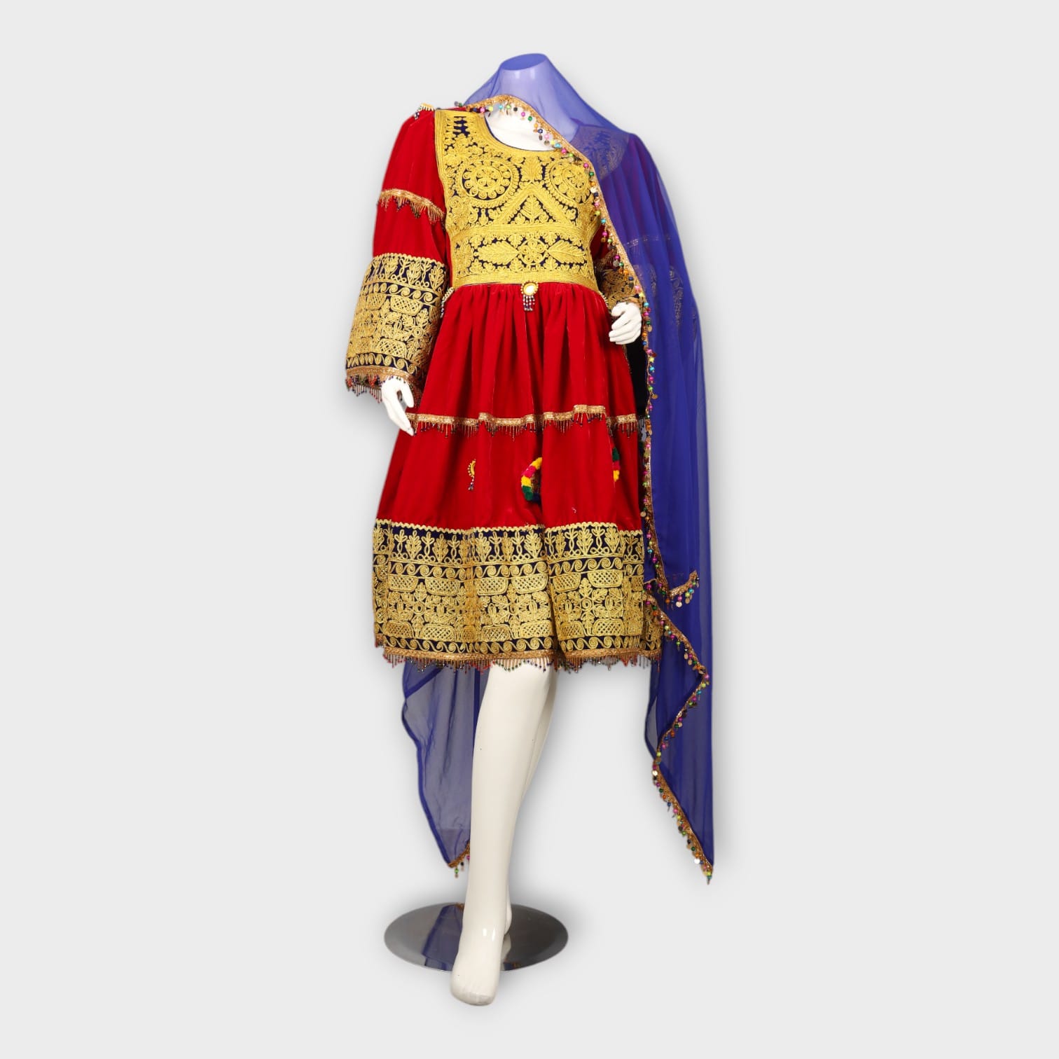 Red Afghani Dress with Golden Embroidery and Royal Blue Dupatta