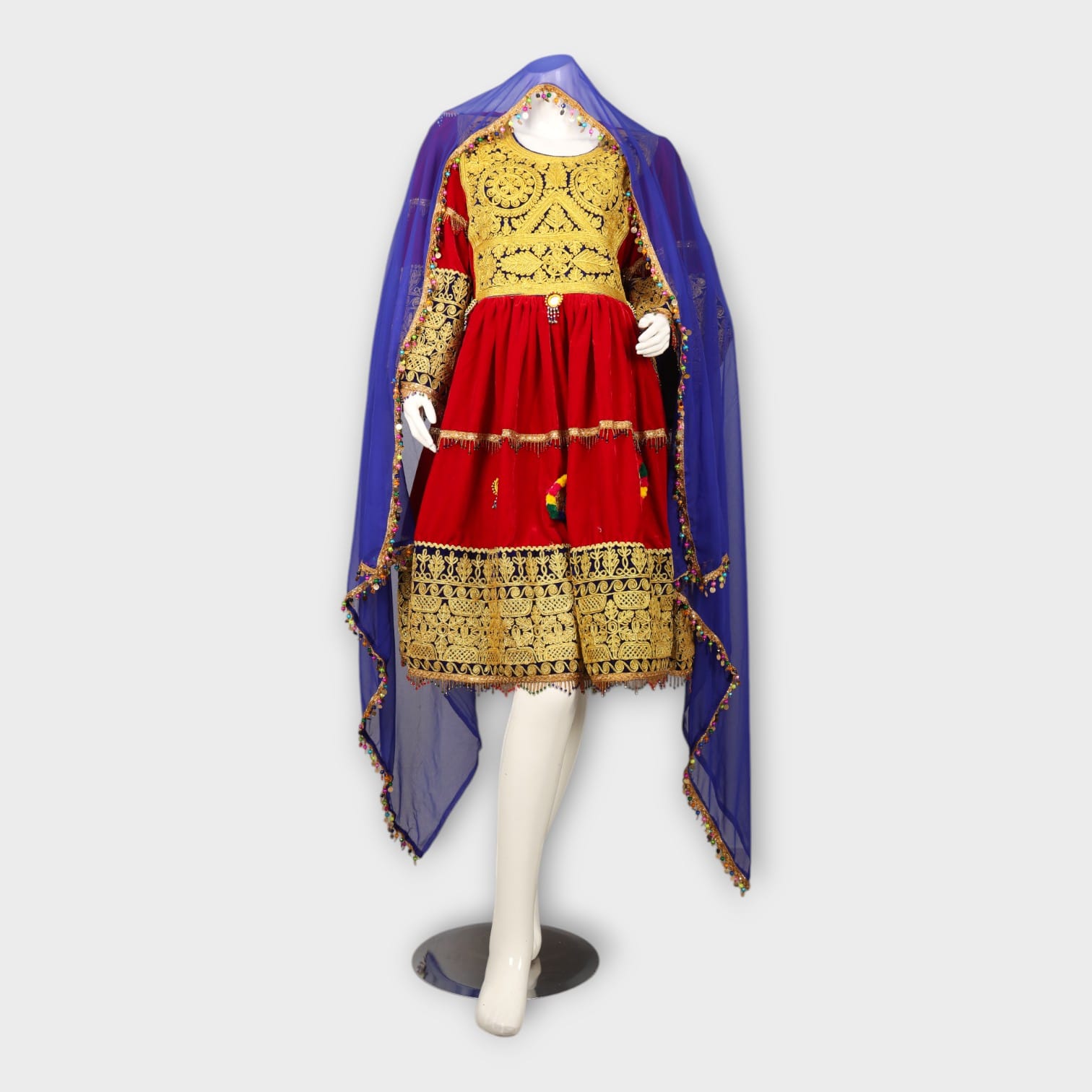 Red Afghani Dress with Golden Embroidery and Royal Blue Dupatta