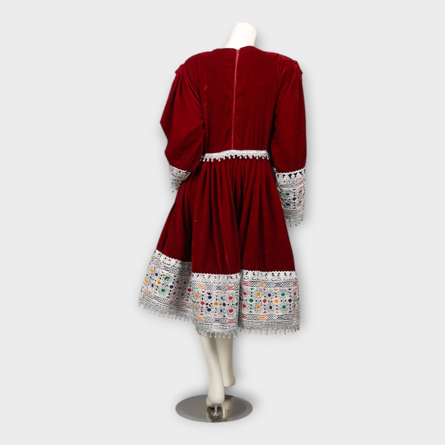 Maroon Velvet Afghani Dress with White Embroidery and Mirror Work