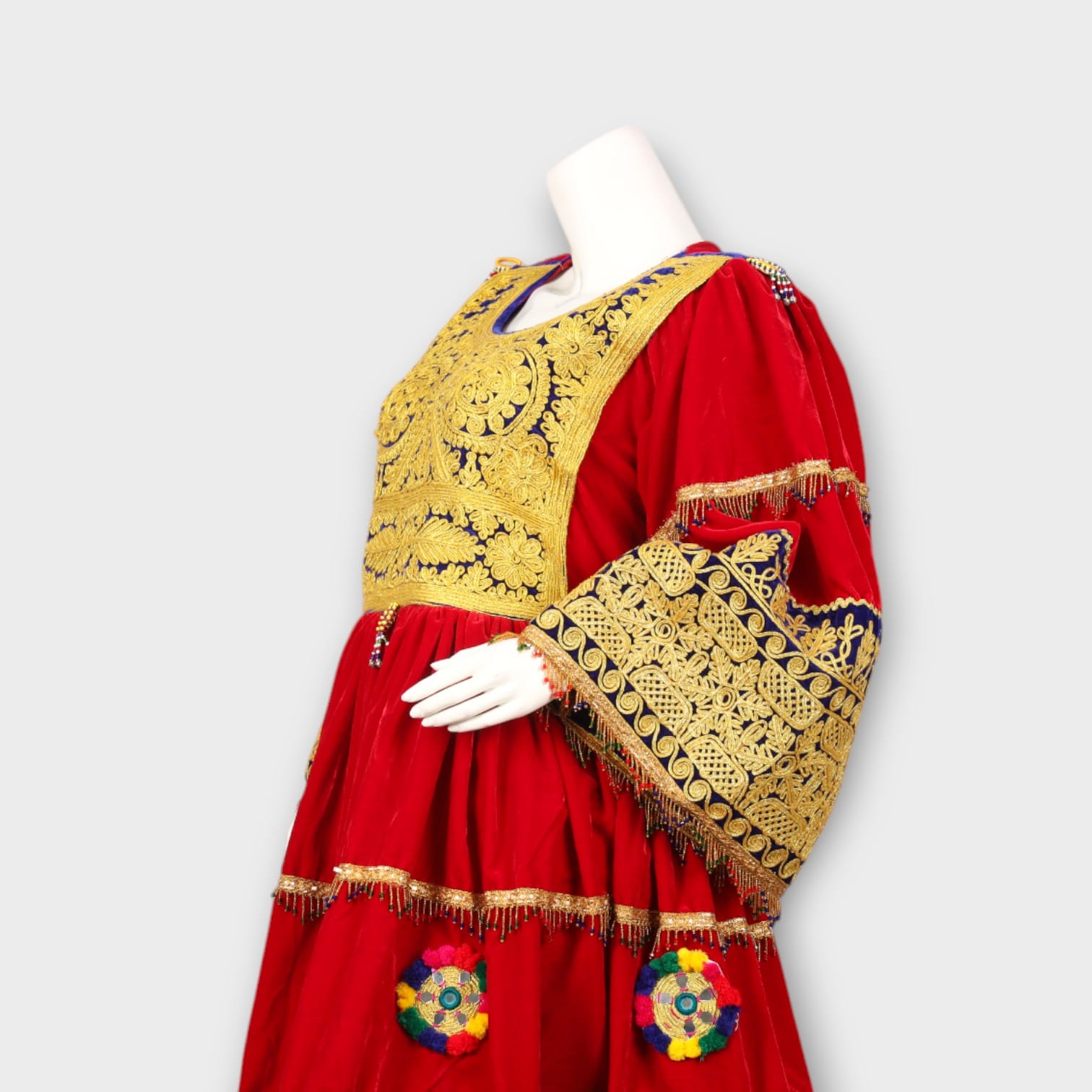 Red Afghani Dress with Golden Embroidery and Royal Blue Dupatta