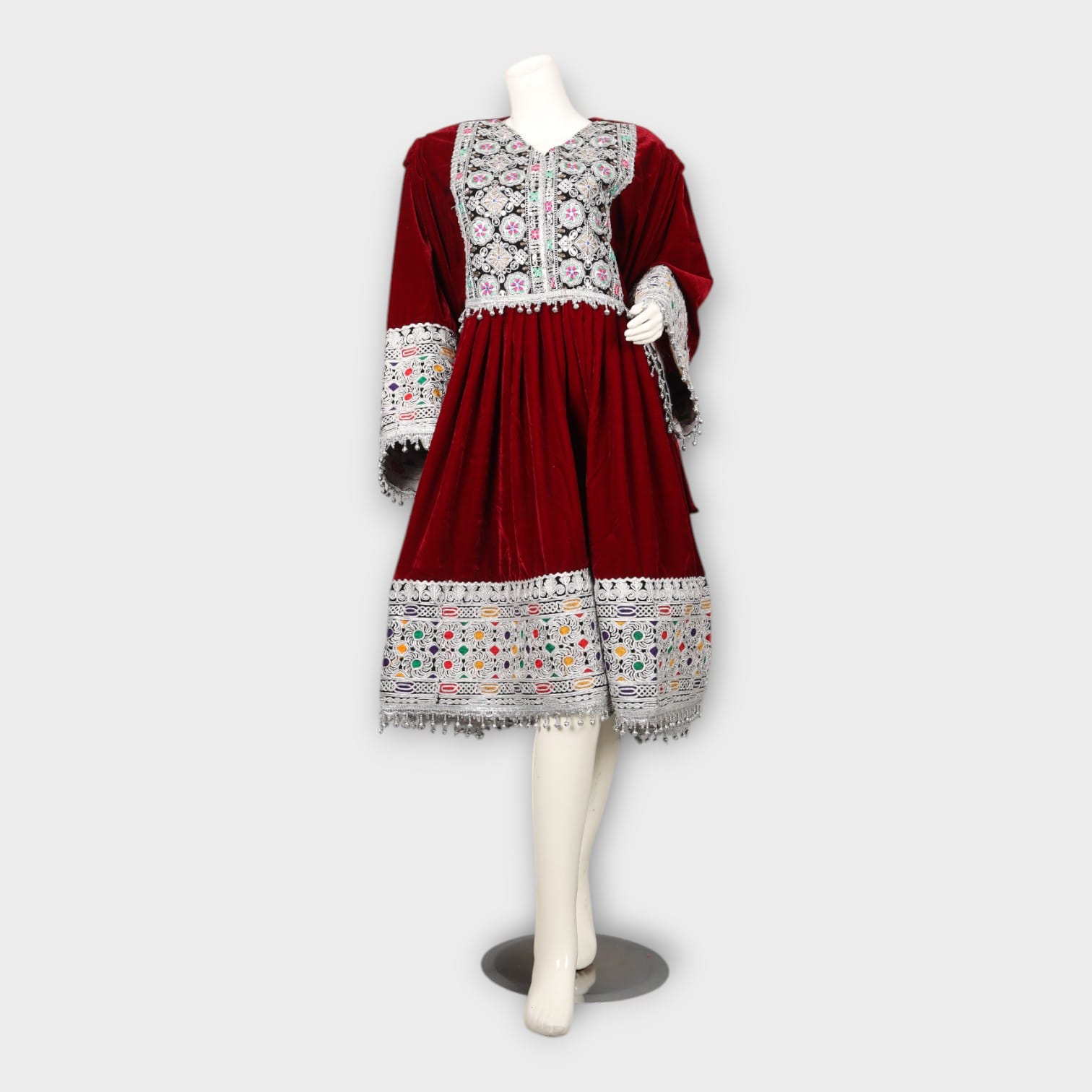 Maroon Velvet Afghani Dress with White Embroidery and Mirror Work