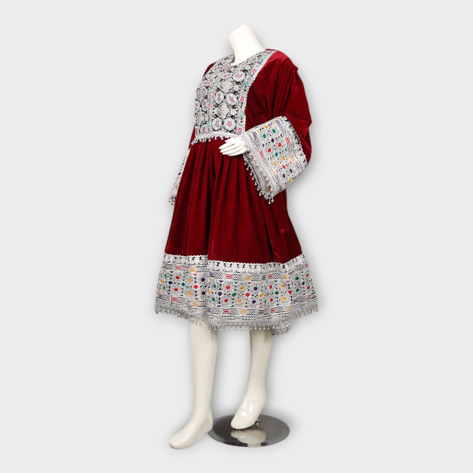 Maroon Velvet Afghani Dress with White Embroidery and Mirror Work