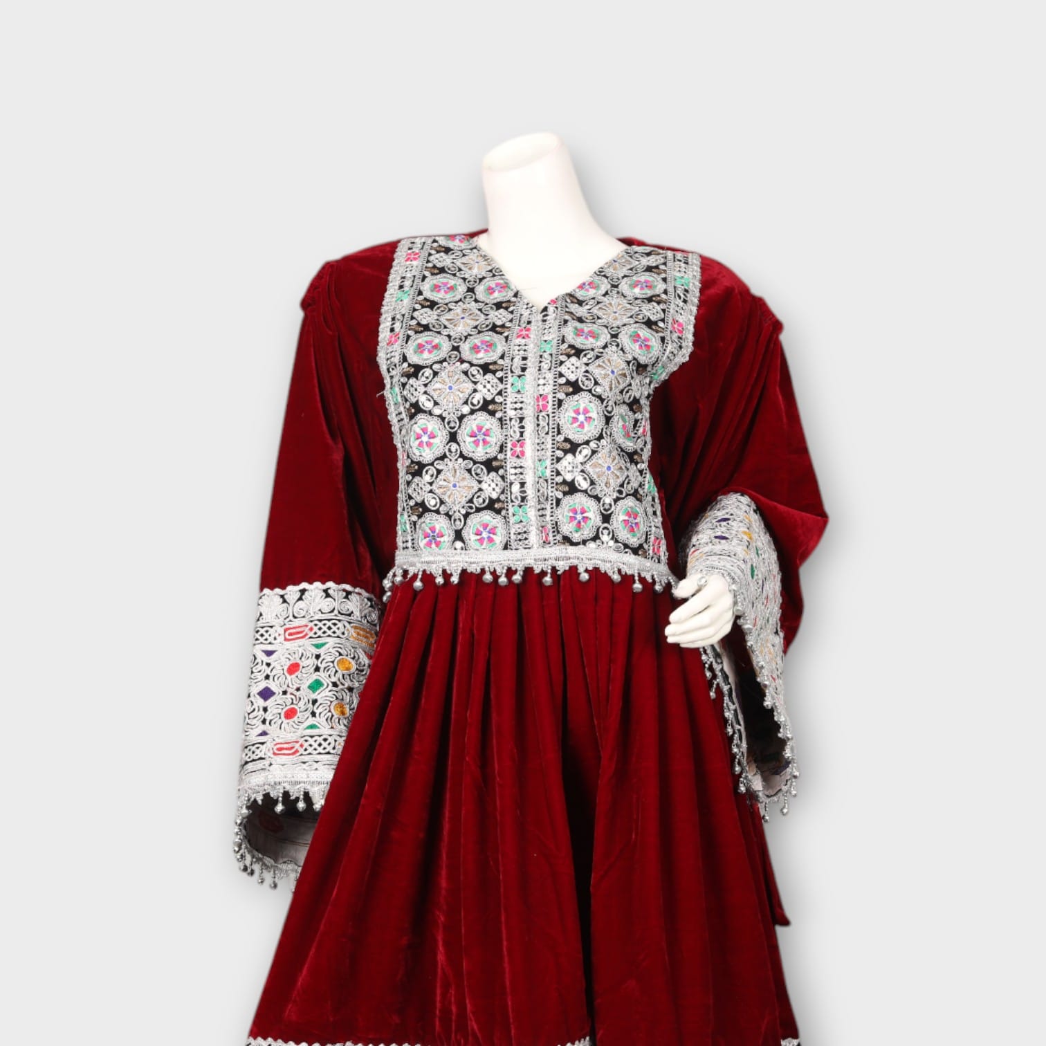 Maroon Velvet Afghani Dress with White Embroidery and Mirror Work | Aseel