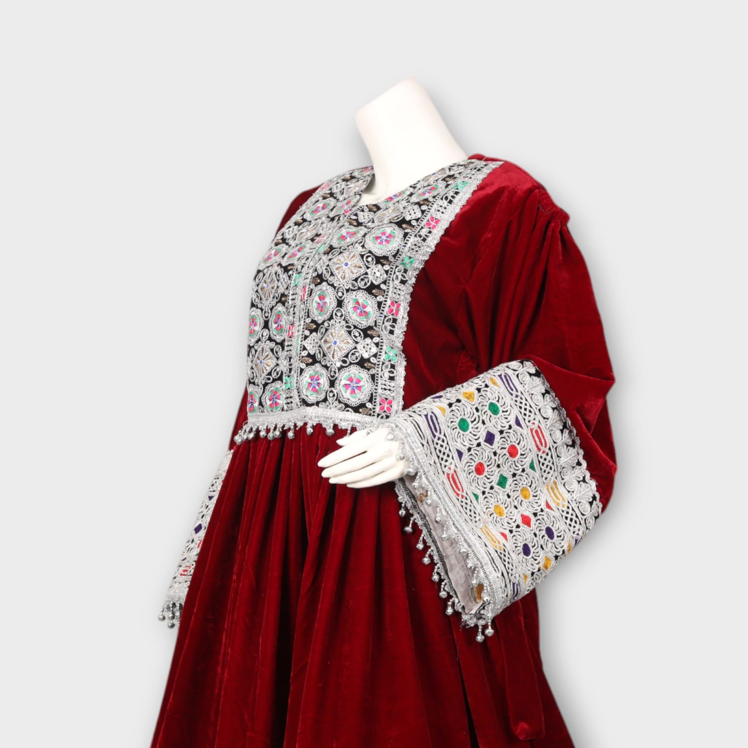 Maroon Velvet Afghani Dress with White Embroidery and Mirror Work
