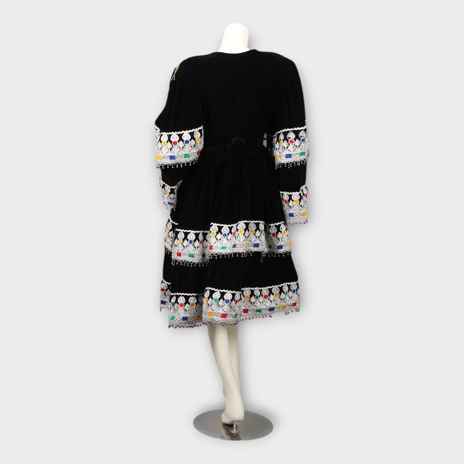Black Velvet Afghani Dress with White Embroidery and Sheer Dupatta