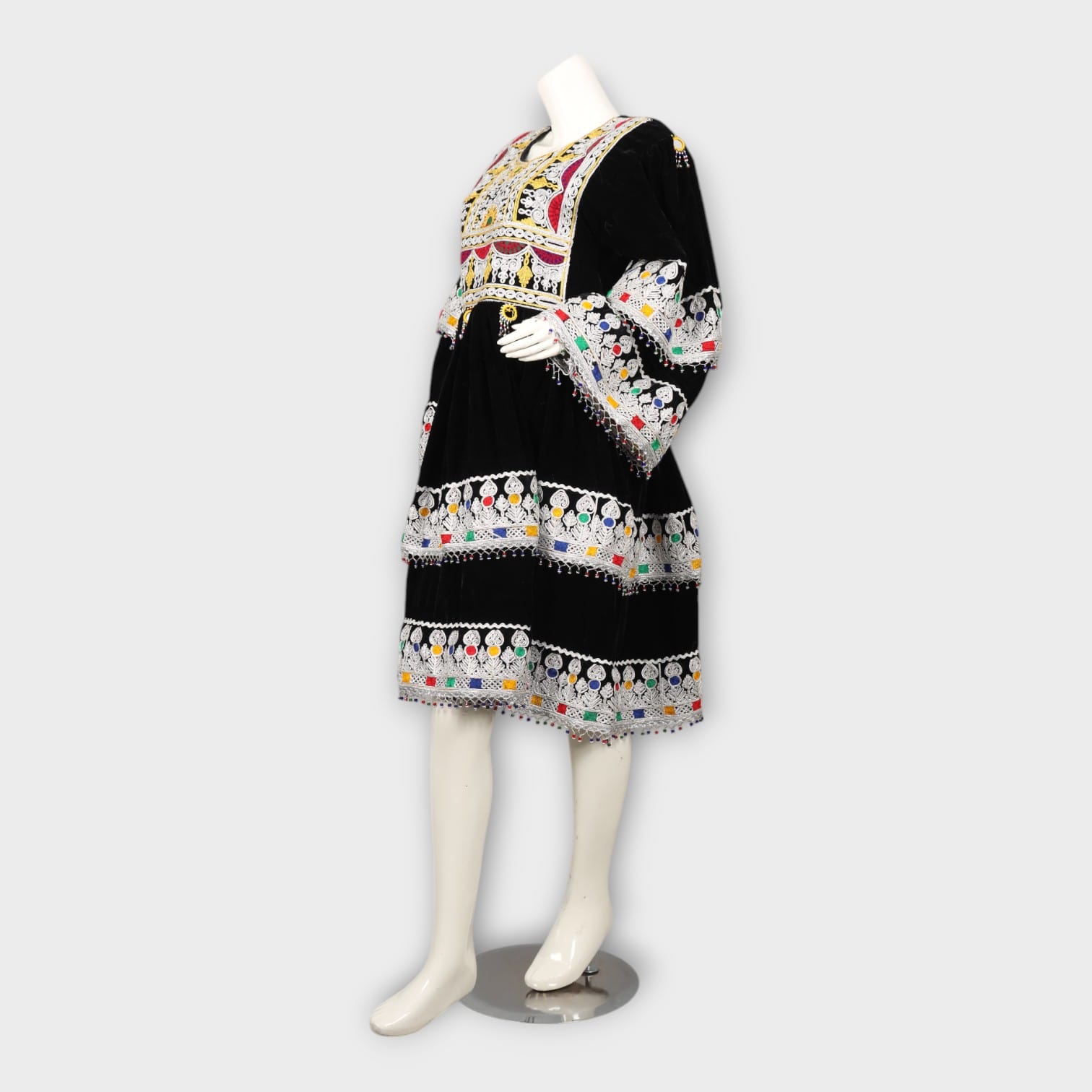 Black Velvet Afghani Dress with White Embroidery and Sheer Dupatta
