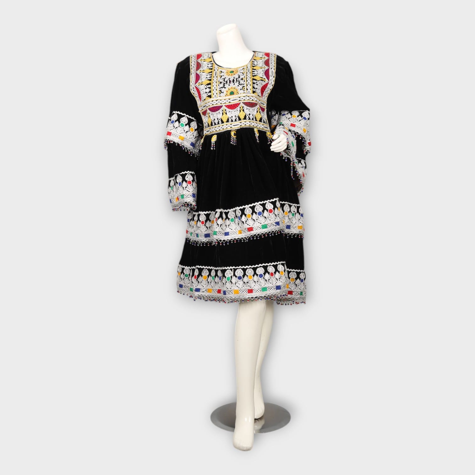 Black Velvet Afghani Dress with White Embroidery and Sheer Dupatta
